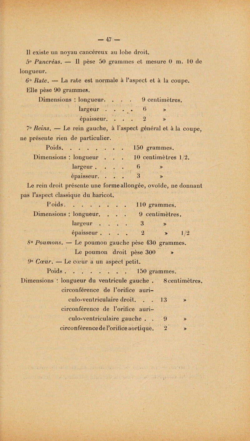 Il existe un noyau cancéreux au lobe droit. 5° Pancréas. — Il pèse 50 grammes et mesure 0 m. 10 de longueur. 6° Rate. — La rate est normale à l’aspect et à la coupe. Elle pèse 90 grammes. Dimensions : longueur. ... 9 centimètres. largeur .... 6 » épaisseur. ... 2 » 7° Reins. — Le rein gauche, à l’aspect général et à la coupe, ne présente rien de particulier. Poids.150 grammes. Dimensions : longueur ... 10 centimètres 1/2. largeur .... 6 » épaisseur. ... 3 » Le rein droit présente une forme allongée, ovoïde, ne donnant pas l’aspect classique du haricot. Poids.110 grammes. Dimensions : longueur. ... 9 centimètres. largeur .... 3 » épaisseur .... 2 » 1/2 8° Poumons. — Le poumon gauche pèse 430 grammes. - *• ■ Le poumon droit pèse 300 » ,9° Cœur. — Le cœur a un aspect petit. Poids.150 grammes. Dimensions : longueur du ventricule gauche . 8 centimètres, circonférence de l’orifice auri- culo-ventriculaire droit. . . 13 » circonférence de l’orifice auri- culo-ventriculaire gauche . . 9 » circonférence de l’orifice aortique. 2 »