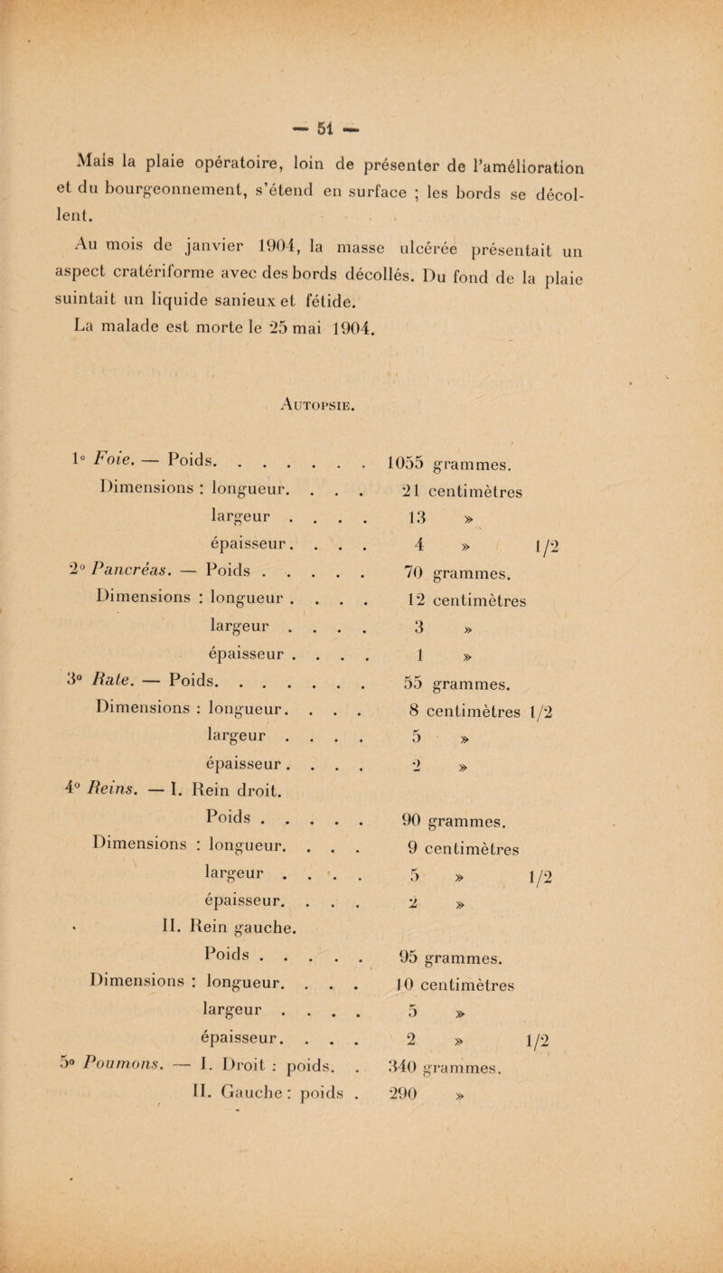 Mais la plaie opératoire, loin de présenter de l’amélioration et du bourgeonnement, s’étend en surface ; les bords se décol¬ lent. Au mois de janvier 1904, la masse ulcérée présentait un aspect cratériforme avec des bords décollés. Du fond de la plaie suintait un liquide sanieux et fétide. La malade est morte le '25 mai 1904. Autopsie. 1° Foie. — Poids. Dimensions : longueur. largeur . . . . épaisseur. 2° Pancréas. — Poids ...... Dimensions : longueur . . . . largeur . . . . épaisseur . . 3° Rate. — Poids. Dimensions : longueur. . . . largeur . . . . épaisseur .... 4° Reins. — I. Rein droit. Poids. Dimensions : longueur. largeur .... épaisseur. « II. Rein gauche. Poids. Dimensions : longueur. . . . largeur .... épaisseur. . . . 5» Poumons. — I. Droit : poids. . II. Gauche : poids . 1055 grammes. 21 centimètres 13 » 4 » 1/2 70 grammes. 12 centimètres 3 1 » 55 grammes. 8 centimètres 1 5 » /2 90 grammes. 9 centimètres 5 » 1/2 2 » 95 grammes. 10 centimètres 5 » 2 » 1/2 • ! 340 grammes. 290 »