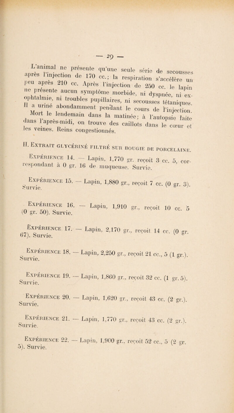 Lan™al ne Présente qu'une seule série de secousses apres 1 injection de 170 ce.; la respiration s'accélère un peu apres 210 cc. Après l’injection de 250 cc le lapin ne présente aucun symptôme morbide, ni dyspnée, ni ex- op i a mie, ni troubles pupillaires, ni secousses tétaniques a urine abondamment pendant le cours de l'injection' Mort le lendemain dans la matinée; à l’autopsie faite dans 1 après-midi, on trouve des caillots dans le cœur et les veines. Reins congestionnés. II. Extrait glycérine filtré sur bougie de porcelaine. Expérience 14. — Lapin, 1,770 gr. reçoit 3 cc. 5, cor¬ respondant a 0 gr. 16 de muqueuse. Survie. Expérience 15. — Lapin, 1,880 gr., reçoit 7 cc Survie. (0 gr. 3). Expérience 16. (0 gr. 50). Survie. Lapin, 1,910 gr., reçoit 10 cc. 5 Expérience 17. — Lapin, 2,170 gr., reçoit 14 cc. (0 gr. 67). Survie. Expérience 18. — Lapin, 2,250 gr., reçoit 21 cc., 5 (1 »r ) Survie. ’ K a >' Expérience 19. — Lapin, 1,860 gr., reçoit 32 cc. (1 Survie. gr. 5). Expérience 20. — Lapin, 1,620 gr., reçoit 43 cc. (2 gr ) Survie. ^ v g, Expérience 21. — Lapin, 1,770 gr., reçoit 43 cc. (2 gr.). Survie., Expérience 22. — Lapin, 1,900 gr., reçoit 52 cc., 5 (2 2 5). Survie. çr.