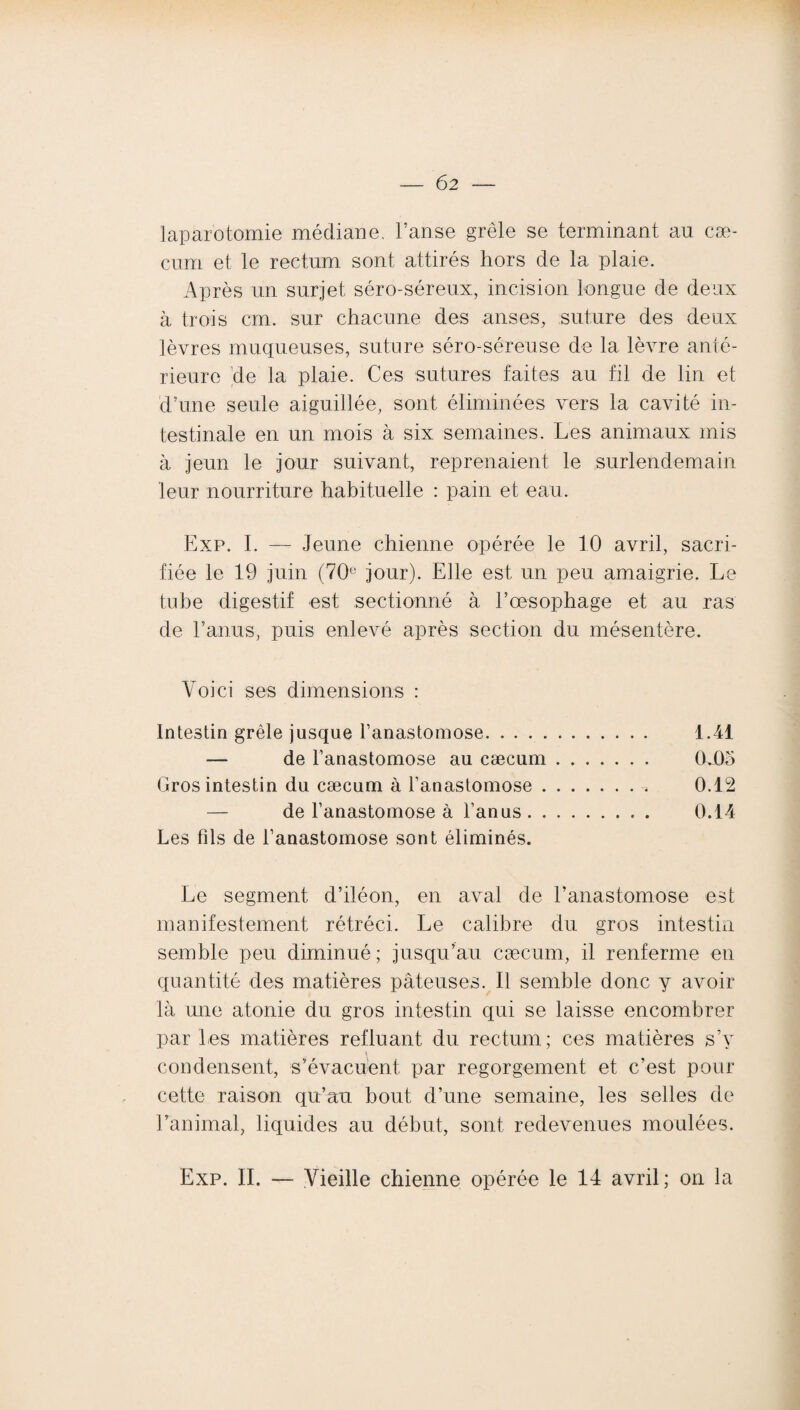 laparotomie médiane, Fanse grêle se terminant au cæ¬ cum et le rectum sont attirés hors de la plaie. Après un surjet séro-séreux, incision longue de deux à trois cm. sur chacune des anses, suture des deux lèvres muqueuses, suture séro-séreuse de la lèvre anté¬ rieure 'de la plaie. Ces sutures faites au fil de lin et d’une seule aiguillée, sont éliminées vers la cavité in¬ testinale en un mois à six semaines. Les animaux mis à jeun le jour suivant, reprenaient le surlendemain leur nourriture habituelle : pain et eau. Exp. I. — Jeune chienne opérée le 10 avril, sacri¬ fiée le 19 juin (70e jour). Elle est un peu amaigrie. Le tube digestif est sectionné à l’oesophage et au ras de l’anus, puis enlevé après section du mésentère. Voici ses dimensions : Intestin grêle jusque l’anastomose. 1.41 — de l’anastomose au cæcum. OjQh Gros intestin du cæcum à l’anastomose.s 0.12 — de l’anastomose à l’anus. 0.14 Les fds de l’anastomose sont éliminés. Le segment d’iléon, en aval de l’anastomose est manifestement rétréci. Le calibre du gros intestin semble peu diminué ; jusqu’au cæcum, il renferme en quantité des matières pâteuses. Il semble donc y avoir là une atonie du gros intestin qui se laisse encombrer parles matières refluant du rectum; ces matières s’y condensent, s’évacuent par regorgement et c’est pour cette raison qu’au bout d’une semaine, les selles de l’animal, liquides au début, sont redevenues moulées. Exp. II. — Vieille chienne opérée le 14 avril; on la