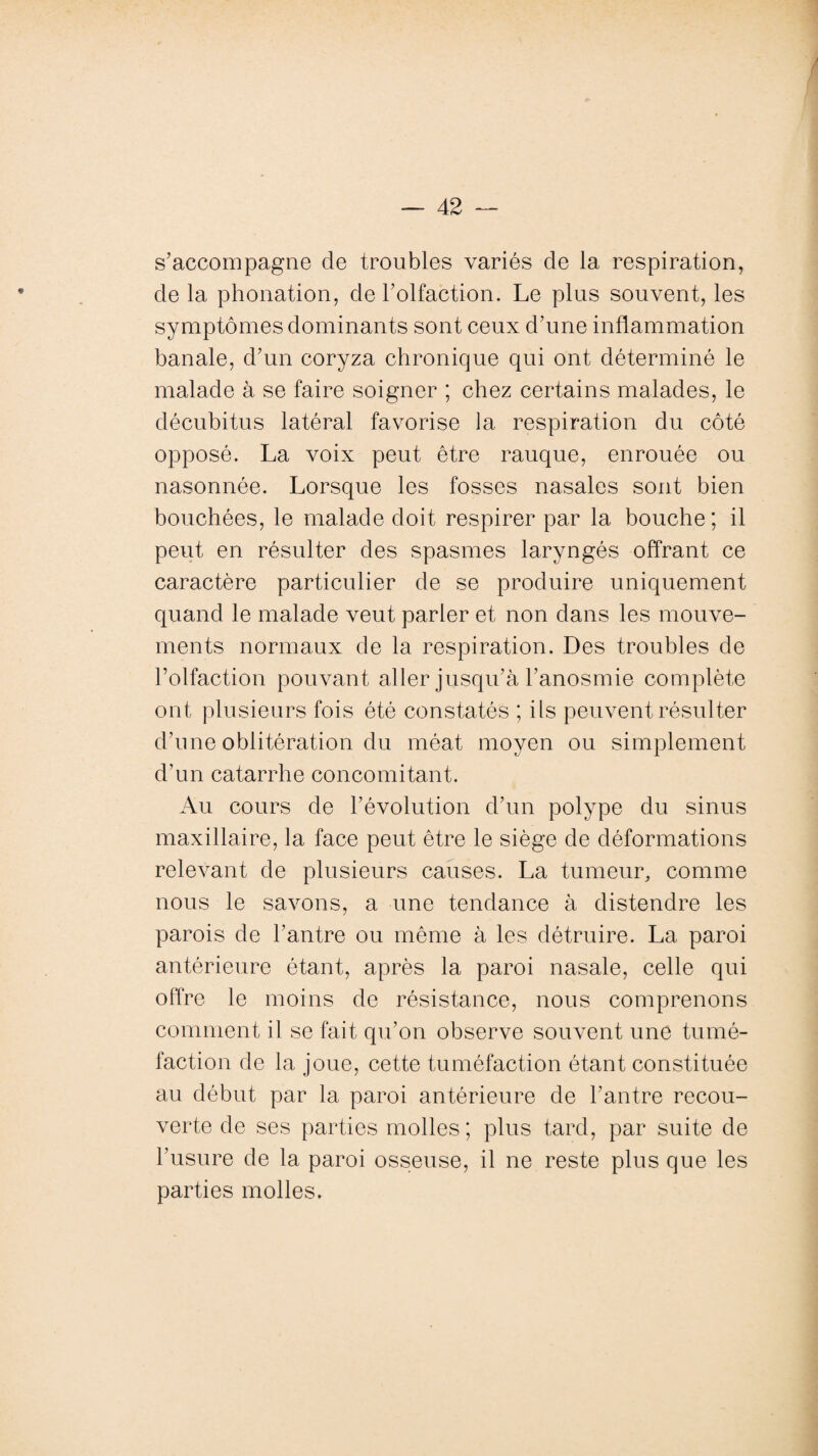 s’accompagne de troubles variés de la respiration, de la phonation, de l’olfaction. Le plus souvent, les symptômes dominants sont ceux d’une inflammation banale, d’un coryza chronique qui ont déterminé le malade à se faire soigner ; chez certains malades, le décubitus latéral favorise la respiration du côté opposé. La voix peut être rauque, enrouée ou nasonnée. Lorsque les fosses nasales sont bien bouchées, le malade doit respirer par la bouche ; il peut en résulter des spasmes laryngés offrant ce caractère particulier de se produire uniquement quand le malade veut parler et non dans les mouve¬ ments normaux de la respiration. Des troubles de l’olfaction pouvant aller jusqu’à l’anosmie complète ont plusieurs fois été constatés ; ils peuvent résulter d’une oblitération du méat moyen ou simplement d’un catarrhe concomitant. Au cours de l’évolution d’un polype du sinus maxillaire, la face peut être le siège de déformations relevant de plusieurs causes. La tumeur, comme nous le savons, a une tendance à distendre les parois de l’antre ou même à les détruire. La paroi antérieure étant, après la paroi nasale, celle qui offre le moins de résistance, nous comprenons comment il se fait qu’on observe souvent une tumé¬ faction de la joue, cette tuméfaction étant constituée au début par la paroi antérieure de l’antre recou¬ verte de ses parties molles; plus tard, par suite de l’usure de la paroi osseuse, il ne reste plus que les parties molles.