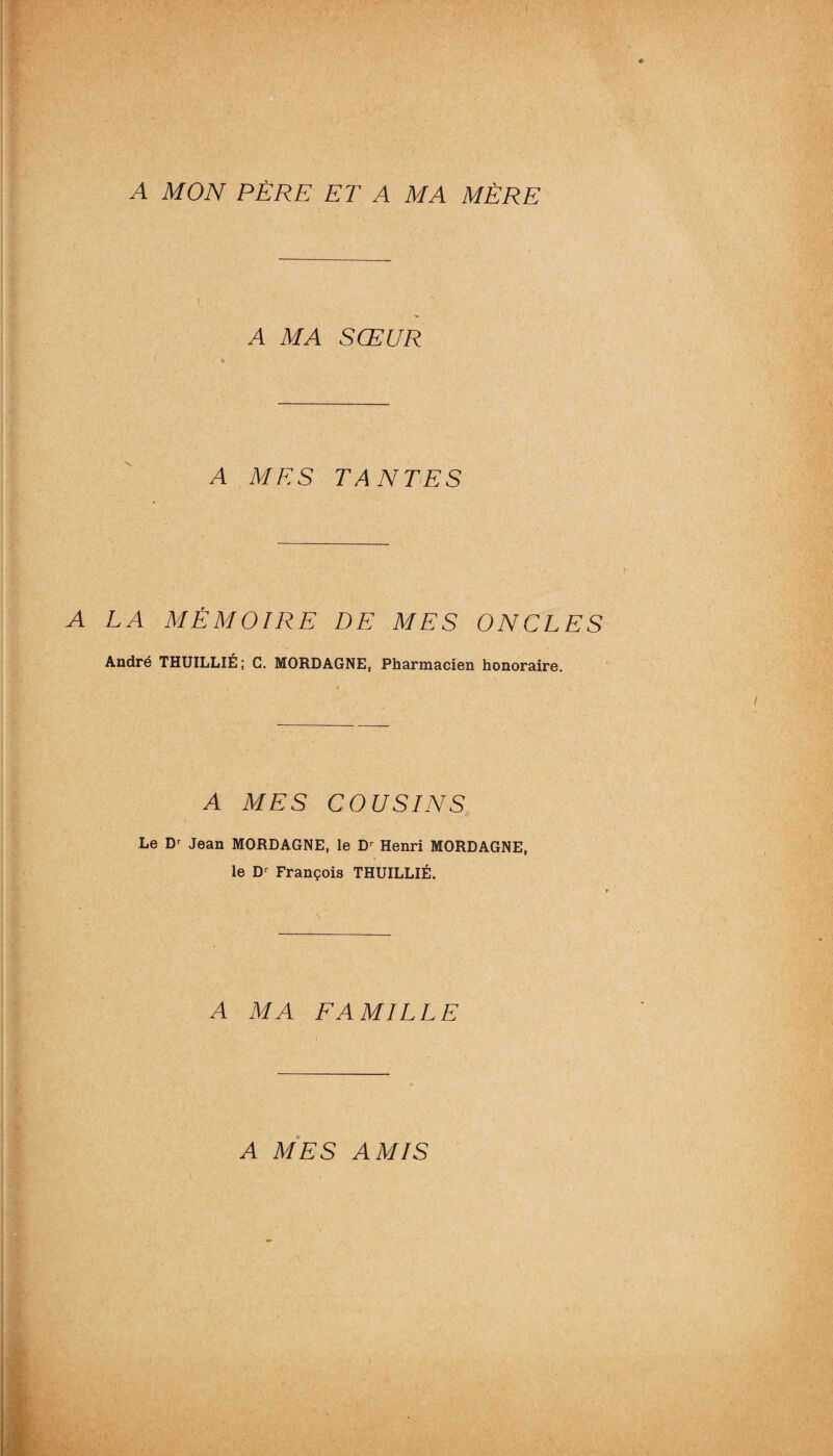 A MON PÈRE ET A MA MÈRE - ' l A MA SŒUR / » A MES TANTES A LA MÉMOIRE DE MES ONCLES André THUILLIÉ; C. MORDAGNE, Pharmacien honoraire. A MES COUSINS Le Dr Jean MORDAGNE, le Dr Henri MORDAGNE, le Dr François THUILLIÉ. A MA FAMILLE A MES AMIS