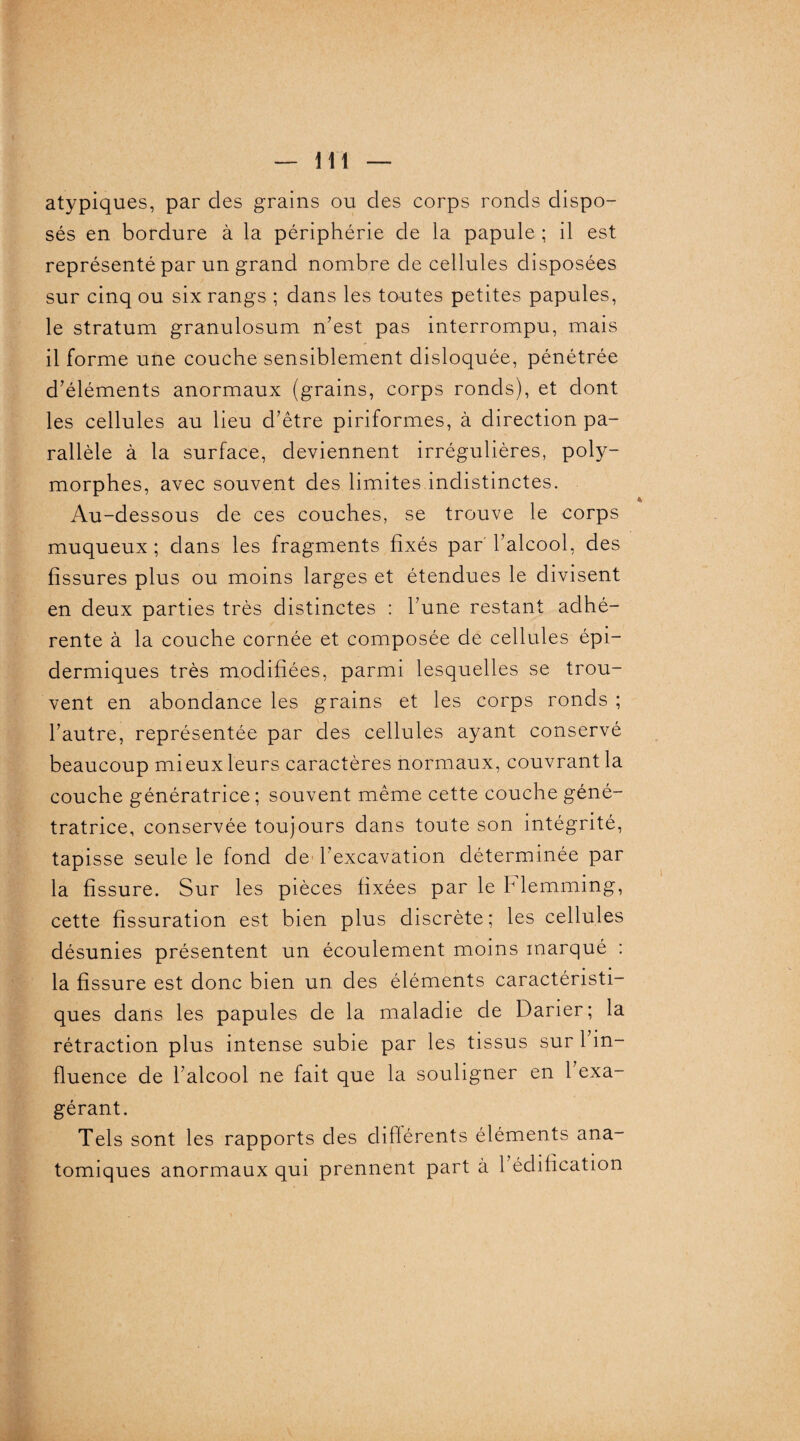 atypiques, par des grains ou des corps ronds dispo¬ sés en bordure à la périphérie de la papule ; il est représenté par un grand nombre de cellules disposées sur cinq ou six rangs ; dans les toutes petites papules, le stratum granulosum n’est pas interrompu, mais il forme une couche sensiblement disloquée, pénétrée d’éléments anormaux (grains, corps ronds), et dont les cellules au lieu d’être piriformes, à direction pa¬ rallèle à la surface, deviennent irrégulières, poly¬ morphes, avec souvent des limites indistinctes. Au-dessous de ces couches, se trouve le corps muqueux ; dans les fragments fixés par l’alcool, des fissures plus ou moins larges et étendues le divisent en deux parties très distinctes : l’une restant adhé¬ rente à la couche cornée et composée de cellules épi¬ dermiques très modifiées, parmi lesquelles se trou¬ vent en abondance les grains et les corps ronds ; l’autre, représentée par des cellules ayant conservé beaucoup mieux leurs caractères normaux, couvrant la couche génératrice ; souvent même cette couche géné¬ ratrice, conservée toujours dans toute son intégrité, tapisse seule le fond de l’excavation déterminée par la fissure. Sur les pièces fixées par leblemming, cette fissuration est bien plus discrète; les cellules désunies présentent un écoulement moins marqué : la fissure est donc bien un des éléments caractéristi¬ ques dans les papules de la maladie de Darier; la rétraction plus intense subie par les tissus sur 1 in¬ fluence de l’alcool ne fait que la souligner en 1 exa¬ gérant. Tels sont les rapports des différents éléments ana¬ tomiques anormaux qui prennent part à 1 édification