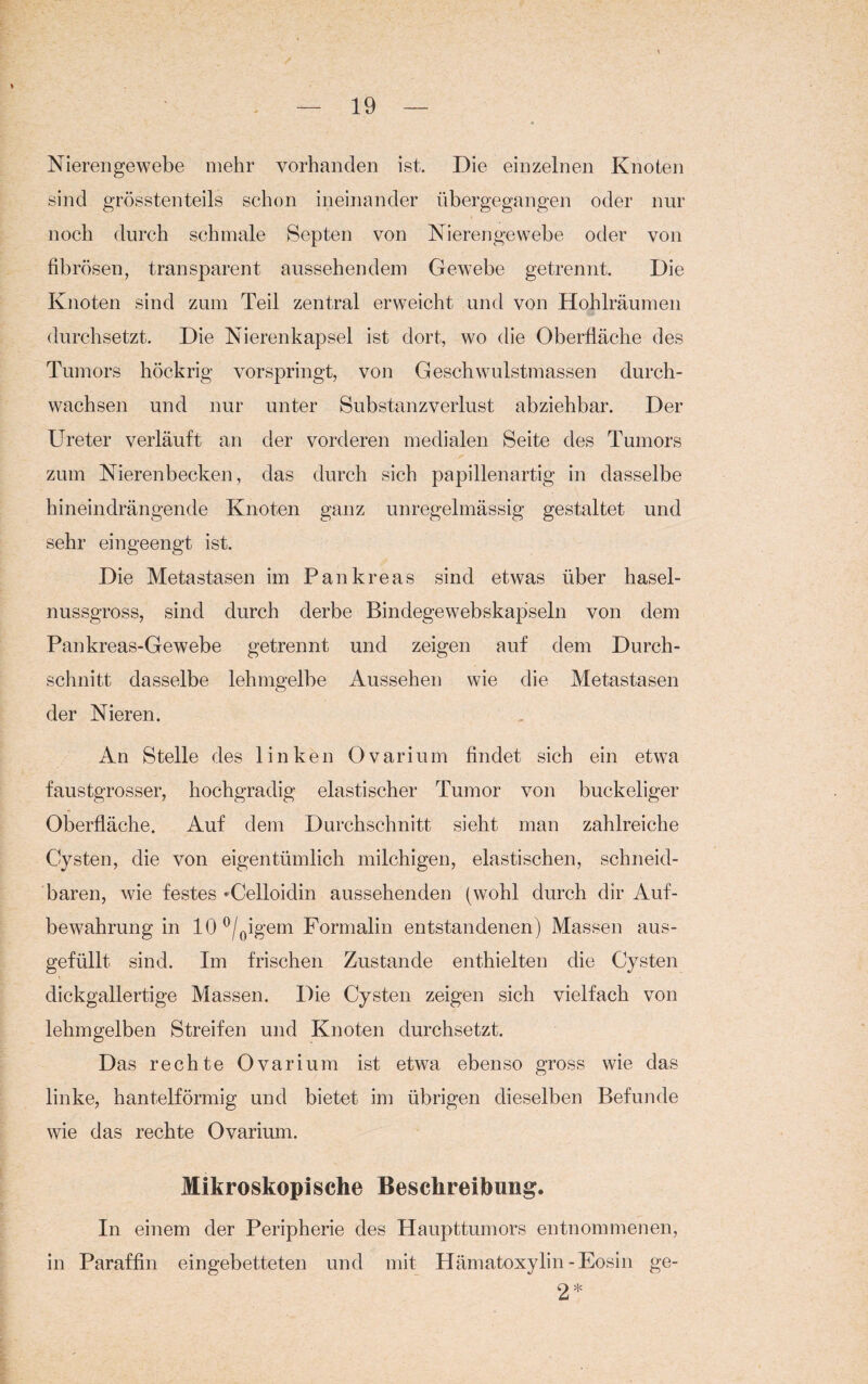 Nierengewebe mehr vorhanden ist. Die einzelnen Knoten sind grösstenteils schon ineinander übergegangen oder nur noch durch schmale Septen von Nierengewebe oder von fibrösen, transparent aussehendem Gewebe getrennt. Die Knoten sind zum Teil zentral erweicht und von Hohlräumen durchsetzt. Die Nierenkapsel ist dort, wo die Oberfläche des Tumors höckrig vorspringt, von Geschwulstmassen durch¬ wachsen und nur unter Substanzverlust abziehbar. Der Ureter verläuft an der vorderen medialen Seite des Tumors zum Nierenbecken, das durch sich papillenartig in dasselbe hineindrängende Knoten ganz unregelmässig gestaltet und sehr eingeengt ist. Die Metastasen im Pankreas sind etwas über hasel- nussgross, sind durch derbe Bindegewebskapseln von dem Pankreas-Gewebe getrennt und zeigen auf dem Durch¬ schnitt dasselbe lehmgelbe Aussehen wie die Metastasen der Nieren. An Stelle des linken Ovarium findet sich ein etwa faustgrosser, hochgradig elastischer Tumor von buckeliger Oberfläche. Auf dem Durchschnitt sieht man zahlreiche Cysten, die von eigentümlich milchigen, elastischen, schneid¬ baren, wie festes »Celloidin aussehenden (wohl durch dir Auf¬ bewahrung in 10°/0igem Formalin entstandenen) Massen aus¬ gefüllt sind. Im frischen Zustande enthielten die Cysten dickgallertige Massen. Die Cysten zeigen sich vielfach von lehmgelben Streifen und Knoten durchsetzt. Das rechte Ovarium ist etwa ebenso gross wie das linke, hantelförmig und bietet im übrigen dieselben Befunde wie das rechte Ovarium. Mikroskopische Beschreibung. In einem der Peripherie des Haupttumors entnommenen, in Paraffin eingebetteten und mit Hämatoxylin-Eosin ge- 2*
