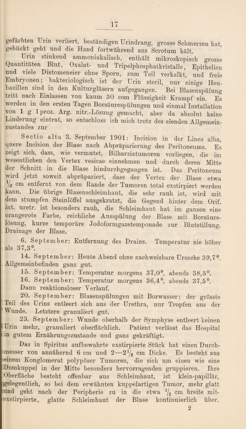 gefärbten Urin verliert, beständigen Urindrang, grosse Schmerzen hat, gebückt, geht und die Hand fortwährend ans Scrotum hält. Urin stinkend ammoniakalisch, enthält mikroskopisch grosse Quantitäten Blut, Oxalat- und Tripelphosphatkristalle, Epithelien und viele Distomeneier ohne Sporn, zum Teil verkalkt, und freie Embryonen; bakteiiologisch ist der Urin steril, nur einige Heu¬ bazillen sind in den Kulturgläsern aufgegangen. Bei Blasenspülung tiitt nach Einlassen von kaum 30 com Flüssigkeit Krampf ein. Es werden in den eisten Tagen Borsäurespülungen und einmal Installation von 1 g lpioz. Arg. nitr.-Lösung gemacht, aber da absolut keine Linderung eintrat, so entschloss ich mich trotz des elenden Allgemein¬ zustandes zur Sectio alta 3. September 1901: Incision in der Linea alba, quere Incision der Blase nach Abpräparierung des Peritoneums. Es zeigt sich, dass, wie vermutet, Bilharziatumoren vorliegen, die im wesentlichen den Vertex vesicae einnehmen und durch deren Mitte der Schnitt in die Blase hindurchgegangen ist. Das Peritoneum wird jetzt soweit abpräpariert, dass der Vertex der Blase etwa V2 cm entfernt von dem Rande der Tumoren total exstirpiert werden kann. Die übrige Blasenschleimhaut, die sehr rauh ist, wird mit dem stumpfen Steinlöffel ausgekratzt, die Gegend hinter dem Orif. int. uretr. ist besonders rauh, die Schleimhaut hat im ganzen eine orangerote Farbe, reichliche Ausspülung der Blase mit Borsäure¬ lösung, kurze temporäre Jodoformgazetemponade zur Blutstillung. Drainage der Blase. 6. September: Entfernung des Drains. Temperatur nie höher als 37,3°. 14. September: Heute Abend ohne nachweisbare Ursache 39,7°. Allgemeinbefinden ganz gut. 15. September: Temperatur morgens 37,0°, abends 38,3°. 16. September: Temperatur morgens 36,4°, abends 37,5°. Dann reaktionsloser Verlauf. 20. September: Blasenspülungen mit Borwasser; der grösste Teil des Urins entleert sich aus der Urethra, nur Tropfen aus der Wunde. Letztere granuliert gut. 23. September: Wunde oberhalb der Symphyse entleert keinen Urin mehr, granuliert oberflächlich. Patient verlässt das Hospital iin gutem Ernährungszustände und ganz gekräftigt. Das in Spiritus aufbewahrte exstirpierte Stück hat einen Durch¬ messer von annähernd 6 cm und 2—2*4 cm Dicke. Es besteht aus ;einem Konglomerat polypöser Tumoren, die sich um einen wie eine iDomkuppel in der Mitte besonders hervorragenden gruppieren. Ihre Oberfläche besteht offenbar aus Schleimhaut, ist klein-papillär, gelegentlich, so bei dem erwähnten kuppelartigen Tumor, mehr glatt und geht nach der Peripherie zu in die etwa J/2 cm breite mit- exstirpierte, glatte Schleimhaut der Blase kontinuierlich über. 2