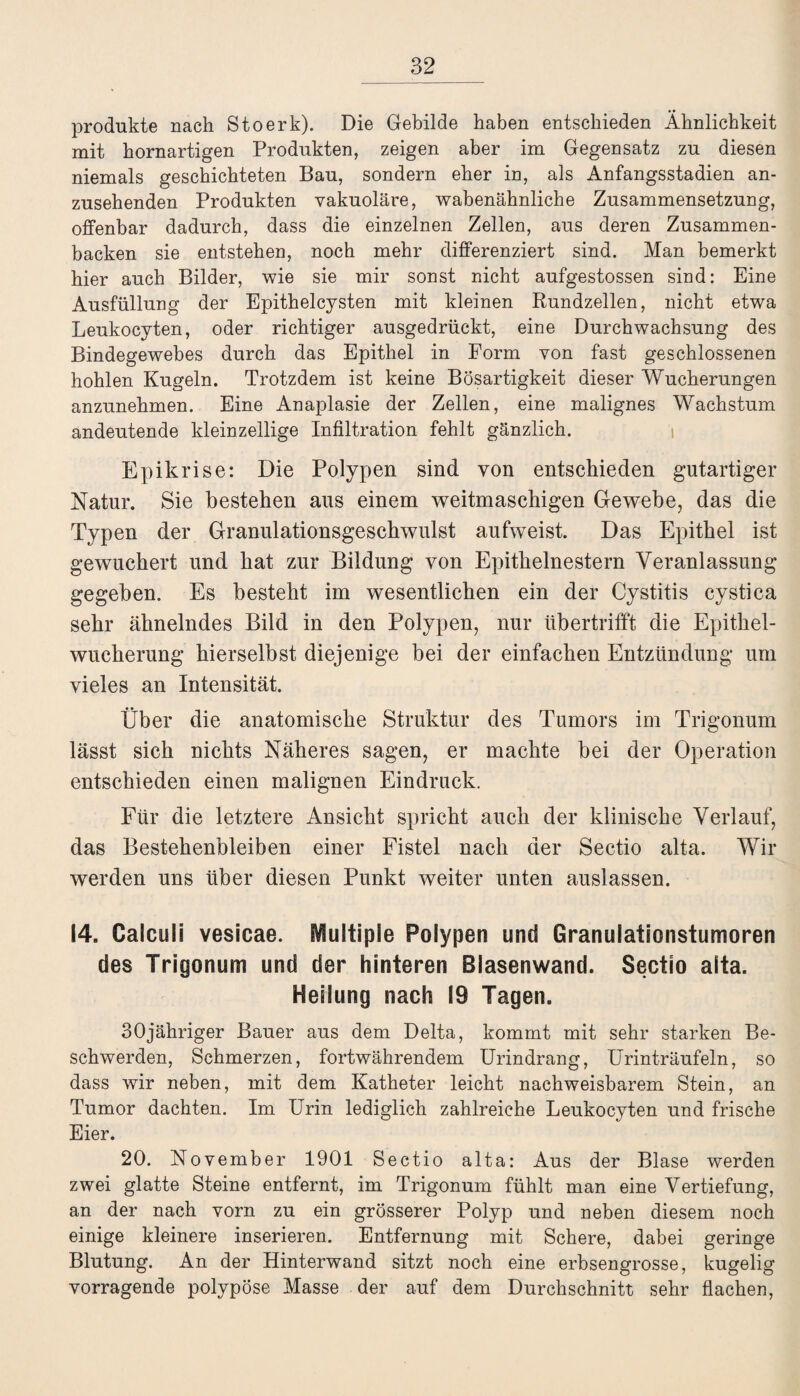 Produkte nach Stoerk). Die Gebilde haben entschieden Ähnlichkeit mit hornartigen Produkten, zeigen aber im Gegensatz zu diesen niemals geschichteten Bau, sondern eher in, als Anfangsstadien an¬ zusehenden Produkten vakuoläre, wabenähnliche Zusammensetzung, offenbar dadurch, dass die einzelnen Zellen, aus deren Zusammen¬ backen sie entstehen, noch mehr differenziert sind. Man bemerkt hier auch Bilder, wie sie mir sonst nicht aufgestossen sind: Eine Ausfüllung der Epithelcysten mit kleinen Rundzellen, nicht etwa Leukocyten, oder richtiger ausgedrückt, eine Durchwachsung des Bindegewebes durch das Epithel in Form von fast geschlossenen hohlen Kugeln. Trotzdem ist keine Bösartigkeit dieser Wucherungen anzunehmen. Eine Anaplasie der Zellen, eine malignes Wachstum andeutende kleinzellige Infiltration fehlt gänzlich. Epikrise: Die Polypen sind von entschieden gutartiger Natur. Sie bestehen aus einem weitmaschigen Gewebe, das die Typen der Granulationsgeschwulst aufweist. Das Epithel ist gewuchert und hat zur Bildung von Epithelnestern Veranlassung gegeben. Es besteht im wesentlichen ein der Cystitis cystica sehr ähnelndes Bild in den Polypen, nur übertrifft die Epithel¬ wucherung hierselbst diejenige bei der einfachen Entzündung um vieles an Intensität. Über die anatomische Struktur des Tumors im Trigonum lässt sich nichts Näheres sagen, er machte bei der Operation entschieden einen malignen Eindruck. Für die letztere Ansicht spricht auch der klinische Verlauf, das Bestehenbleiben einer Fistel nach der Sectio alta. Wir werden uns über diesen Punkt weiter unten auslassen. 14. Calculi vesicae. Multiple Polypen und Granulationstumoren des Trigonum und der hinteren Blasenwand. Sectio alta. Heilung nach 19 Tagen. 30jähriger Bauer aus dem Delta, kommt mit sehr starken Be¬ schwerden, Schmerzen, fortwährendem Urindrang, Urinträufeln, so dass wir neben, mit dem Katheter leicht nachweisbarem Stein, an Tumor dachten. Im Urin lediglich zahlreiche Leukocyten und frische Eier. 20. November 1901 Sectio alta: Aus der Blase werden zwei glatte Steine entfernt, im Trigonum fühlt man eine Vertiefung, an der nach vorn zu ein grösserer Polyp und neben diesem noch einige kleinere inserieren. Entfernung mit Schere, dabei geringe Blutung. An der Hinterwand sitzt noch eine erbsengrosse, kugelig vorragende polypöse Masse der auf dem Durchschnitt sehr flachen,