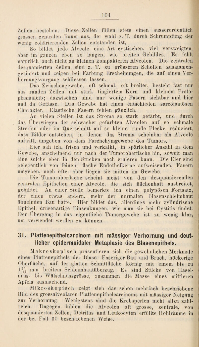 Zellen bestehen. Diese Zellen füllen stets einen ausserordentlich grossen zentralen Kaum aus, der wohl z. T. durch Schrumpfung der wenig cohärierenden Zellen entstanden ist. So bildet jede Alveole eine Art cystischen, viel verzweigten, aber im ganzen eben so langen, wie breiten Gebildes. Es fehlt natürlich auch nicht an kleinen kompakteren Alveolen. Die zentralen desquamierten Zellen sind z. T. zu grösseren Schollen zusammen¬ gesintert und zeigen bei Färbung Erscheinungen, die auf einen Ver¬ hornungsvorgang sehliessen lassen. Das Zwischengewebe, oft schmal, oft breiter, besteht fast nur aus runden Zellen mit stark tingiertem Kern und kleinem Proto¬ plasmaleib*, dazwischen sind nur wenige Fasern sichtbar und hier und da Gefässe. Das Gewebe hat einen entschieden sarcomatösen Charakter. Elastische Fasern fehlen gänzlich. An vielen Stellen ist das Stroma so stark gefärbt, und durch das Überwiegen der schwächer gefärbten Alveolen auf so schmale Streifen oder im Querschnitt auf so kleine runde Flecke reduziert, dass Bilder entstehen, in denen das Stroma scheinbar als Alveole auftritt, umgeben von dem Parenchymgewebe des Tumors. Eier sah ich, frisch und verkalkt, in spärlicher Anzahl in dem Gewebe, anscheinend nur nach der Tumoroberfläche hin, soweit man eine solche eben in den Stücken noch eruieren kann. Die Eier sind gelegentlich von feinen, flache Endothelkerne aufweisenden, Fasern umgeben, noch öfter aber liegen sie mitten im Gewebe. Die Tumoroberfläche scheint meist von den desquamierenden zentralen Epithelien einer Alveole, die sich flächenhaft ausbreitet, gebildet. An einer Stelle bemerkte ich einen polypösen Fortsatz, der einen etwas andern, mehr der normalen Blasenschleimhaut ähnelnden Bau hatte. Hier bildet das, allerdings mehr zylindrische Epithel, drüsenartige Einsenkungen, wie man sie bei Cystitis findet. Der Übergang in das eigentliche Tumorgewebe ist zu wenig klar, um verwendet werden zu können. 31. Plattenepithelcarcioom mit mässiger Verhornung und deut¬ licher epidermoidaler Metaplasie des Blasenepithels. Makroskopisch präsentieren sich die gewöhnlichen Merkmale eines Plattenepithels der Blase: Faseriger Bau und Bruch, höckerige Oberfläche, auf der glatten Schnittfläche körnig mit einem bis zu \ 1V2 mm breitem Schleimhautüberzug. Es sind Stücke von Hasel¬ nuss- bis Wälschnussgrösse, zusammen die Masse eines mittleren Apfels ausmachend. Mikroskopisch zeigt sich das schon mehrfach beschriebene Bild des grossalveolären Plattenepitlielcarcinoms mit mässiger Neigung zur Verhornung. Wenigstens sind die Krebsperlen nicht allzu zahl¬ reich. Dagegen bilden die Alveolen oft grosse, zentrale, von desquamierten Zellen, Detritus und Leukocyten erfüllte Hohlräume in der bei Fall 30 beschriebenen Weise,