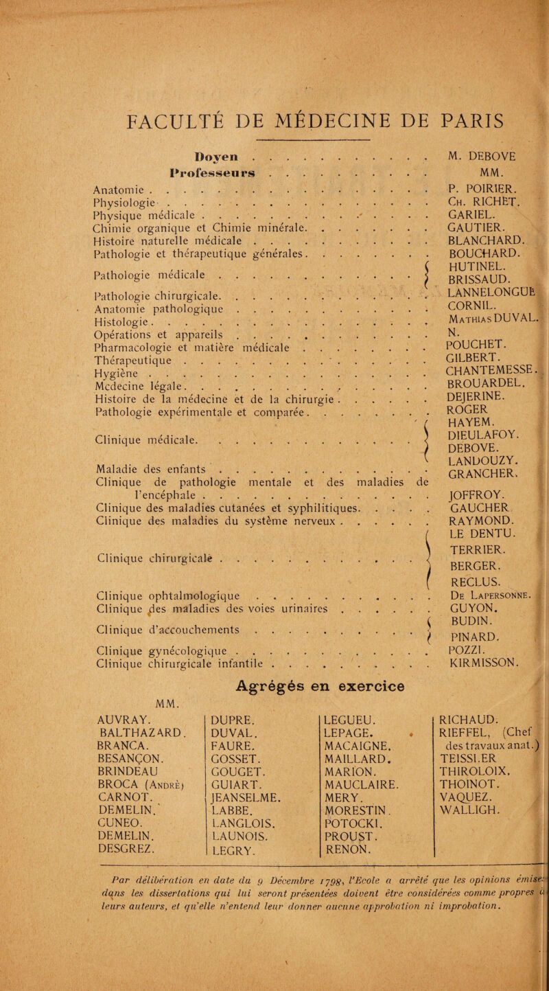 Doyen . Professeurs .... Anatomie. Physiologie-.. Physique médicale. Chimie organique et Chimie minérale. Histoire naturelle médicale. Pathologie et thérapeutiq Pathologie médicale . Pathologie chirurgicale. Anatomie pathologique Histologie. Opérations et appareils Pharmacologie et matière médicale Thérapeutique. . Hygiène. Mcdecine légale.,. Histoire de la médecine et de la chirurgie . Pathologie expérimentale et comparée. Clinique médicale. Maladie des enfants. Clinique de pathologie mentale et des maladies de l’encéphale.. Clinique des maladies cutanées et syphilitiques. Clinique des maladies du système nerveux. Clinique chirurgicale Clinique ophtalmologique. Clinique des maladies des voies urinaires Clinique d’accouchements. Clinique gynécologique. Clinique chirurgicale infantile .... ue générales. .. ■ ! M. DEBOVE MM. P. POIRIER. Ch. RICHET. GAR1EL. GAUTIER. BLANCHARD. BOUCHARD. HUTINEL. BRISSAUD. LANNELONGUL CORNIL. Mathias DUVAL. N. POUCHET. GILBERT. CHANTEMESSE. BROUARDEL. dejerine. ROGER HAYEM. DIEULAFOY. DEBOVE. LANDOUZY. GRANCHER. JOFFROY. GAUCHER. RAYMOND. LE DENTU. TERRIER. BERGER. RECLUS. De Lapersonne. j GUYON. BUDIN. PINARD. POZZI. KIRMISSON. Agrégés en exercice MM. AUVRAY. DU PRE. LEGUEU. RICHAUD. BALTHAZARD. DUVAL. LEPAGE. RIEFFEL, (Chef BRANCA. FAURE. MACAIGNE. des travaux anat.) BESANÇON. GOSSET. MAILLARD. TEISSLER BRINDEAU GOUGET. MARION. THIROLOIX, BROCA (André; GU1ART. MAUCLA1RE. THOINOT. CARNOT. JEANSELME. MERY. VAQUEZ. DEMEL1N. LABBE. MO RE ST IN . WALLIGH. CUNEO. LANGLOIS. POTOCKI. DEMEL1N. LAUNOIS. PROUST. DESGREZ. LEGRY. RENON. Par délibération en date du g Décembre iy0$, l’Ecole a arrêté que les opinions émise- dans les dissertations qui lui seront présentées doivent être considérées comme propres à leurs auteurs, et quelle n’entend leur donner aucune approbation ni improbation.