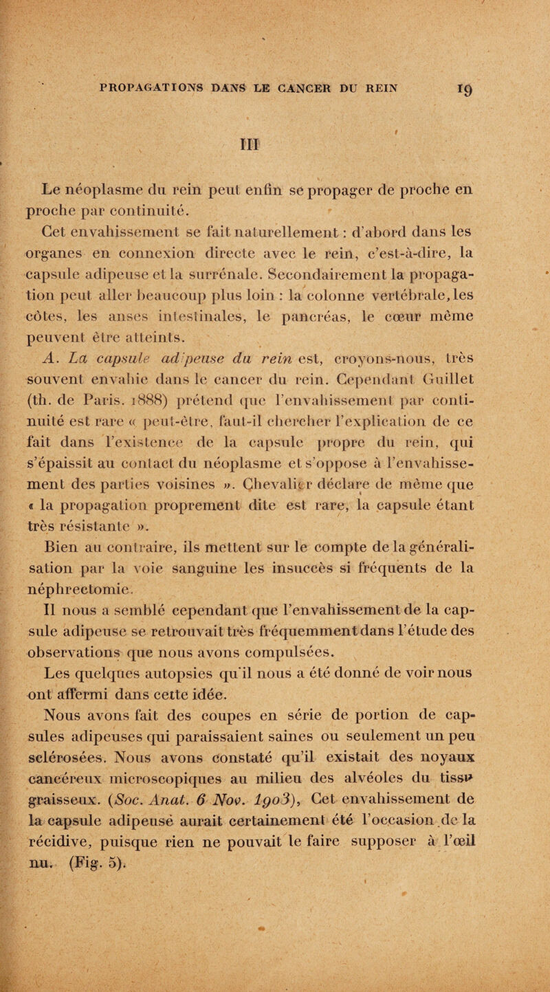 / PROPAGATIONS DANS LE CANCER DU REIN 19 III Le néoplasme du rein peut enfin se propager de proche en proche par continuité. Cet envahissement se fait naturellement : d’abord dans les organes en connexion directe avec le rein, c’est-à-dire, la capsule adipeuse et la surrénale. Secondairement la propaga¬ tion peut aller beaucoup plus loin : la colonne vertébrale, les côtes, les anses intestinales, le pancréas, le cœur même peuvent être atteints. A. La capsule adipeuse du rein est, croyons-nous, très souvent envahie dans le cancer du rein. Cependant, Gui liet (th. de Paris. 1888) prétend que l’envahissement par conti¬ nuité est rare « peut-être, faut-il chercher l’explication de ce fait dans l’existence de la capsule propre du rein, qui s’épaissit au contact du néoplasme et s’oppose à l’envahisse¬ ment des parties voisines ». Chevalier déclare de même que « la propagation proprement dite est rare, la capsule étant très résistante ». Bien au contraire, ils mettent sur le compte de la générali¬ sation par la voie sanguine les insuccès si fréquents de la néphrectomie. Il nous a semblé cependant que l’envahissement de la cap¬ sule adipeuse se retrouvait très fréquemment dans l’étude des observations que nous avons compulsées. Les quelques autopsies qu’il nous a été donné de voir nous ont affermi dans cette idée. Nous avons fait des coupes en série de portion de cap¬ sules adipeuses qui paraissaient saines ou seulement un peu sclérosées. Nous avons constaté qu’il existait des noyaux cancéreux microscopiques au milieu des alvéoles du tissu graisseux. (Soc. Anat. 6 Nov. IgoS), Cet envahissement de la capsule adipeusë aurait certainement été l’occasion de la récidive, puisque rien ne pouvait le faire supposer à l’œil