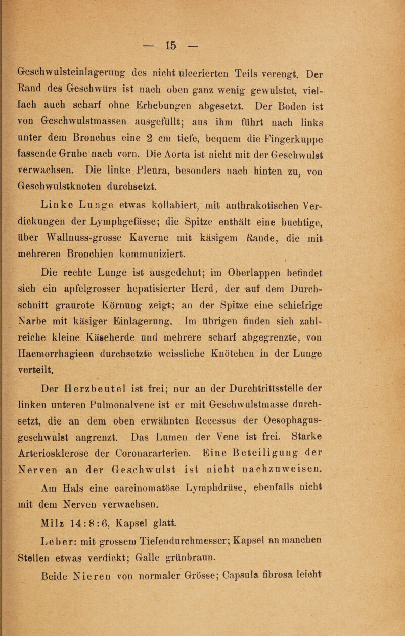 Geschwulsteinlagerung des nicht ulcerierten Teils verengt. Der Kand des Geschwürs ist nach oben ganz wenig gewulstet, viel¬ fach auch scharf ohne Erhebungen abgesetzt. Der Boden ist von Geschwmlstmassen ausgefüllt; aus ihm führt nach links unter dem Bronchus eine 2 cm tiefe, bequem die Fingerkuppe fassende Grube nach vorn. Die Aorta ist nicht mit der Geschwulst verwachsen. Die linke Pleura, besonders nach hinten zu; von Geschwulstknoten durchsetzt. Linke Lunge etwas kollabiert mit anthrakotischen Ver¬ dickungen der Lymphgefässe; die Spitze enthält eine buchtige, über Wallnuss-grosse Kaverne mit käsigem Bande, die mit mehreren Bronchien kommuniziert. Die rechte Lunge ist ausgedehnt; im Oberlappen befindet sich ein apfelgrosser hepatisierter Herd, der auf dem Durch¬ schnitt graurote Körnung zeigt; an der Spitze eine schiefrige Narbe mit käsiger Einlagerung. Im übrigen finden sich zahl¬ reiche kleine Käseherde und mehrere scharf abgegrenzte, von Haemorrhagieen durchsetzte weissliche Knötchen in der Lunge verteilt. Der Herzbeutel ist frei; nur an der Durchtrittsstelle der linken unteren Pulmonalvene ist er mit Geschwulatmasse durch¬ setzt, die an dem oben erwähnten Recessus der Oesophagus- geschwulst angrenzt. Das Lumen der Vene ist frei. Starke Arteriosklerose der Coronararterien. Eine Beteiligung der Nerven an der Geschwulst ist nicht nachzuweisen. Am Hals eine carcinomatöse Lymphdrüse, ebenfalls nicht mit dem Nerven verwachsen. Milz 14:8:6, Kapsel glatt. Leber: mit grossem Tiefendurchmesser; Kapsel an manchen Stellen etwas verdickt; Galle grünbraun. Beide Nieren von normaler Grösse; Capsula fibrosa leicht