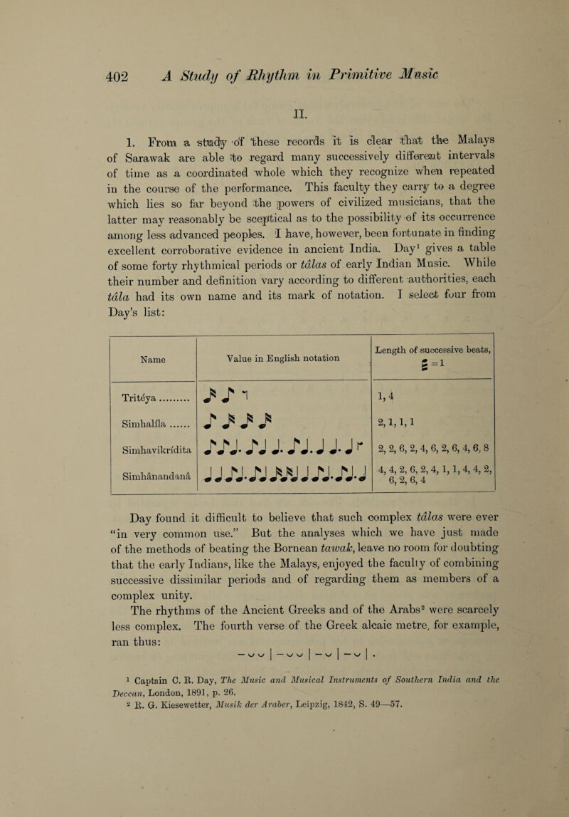 II. 1. From a stmidy of these records it is clear that the Malays of Sarawak are able to regard many successively different intervals of time as a coordinated whole which they recognize when repeated in the course of the performance. This faculty they carry to a degree which lies so far beyond the -powers of civilized musicians, that the latter may reasonably be sceptical as to the possibility of its -occurrence among less advanced peoples. I have, however, been fortunate in finding excellent corroborative evidence in ancient India. Day1 gives a table of some forty rhythmical periods or tdlas of early Indian Music. While their number and definition vary according to different authorities, each tala had its own name and its mark of notation. I select four from Day’s list: Name Value in English notation Length of successive beats, 6=1 Triteya. J* J* 1 1,4 Simhalfla. J' Jt J5 • 2,1,1,1 Simhavikrfdita MM Ml M # J.J r 2, 2, 6, 2, 4, 6, 2, 6, 4, 6, 8 Simhanandana J J JM. JM J 4, 4, 2, 6, 2, 4, 1,1, 4, 4, 2, 6, 2, 6, 4 Day found it difficult to believe that such complex tdlas were ever “in very common use.” But the analyses which we have just made of the methods of beating the Bornean taivak, leave no room for doubting that the early Indians, like the Malays, enjoyed the faculty of combining successive dissimilar periods and of regarding them as members of a complex unity. The rhythms of the Ancient Greeks and of the Arabs2 were scarcely less complex. The fourth verse of the Greek alcaic metre, for example, ran thus: — ww ! — ^ | — w | — V-/ | . 1 Captain C. R. Day, The Music and Musical Instruments of Southern India and the Deccan, London, 1891, p. 26. 2 R. G. Kiesewetter, Musik der Araher, Leipzig, 1842, S. 49—57.