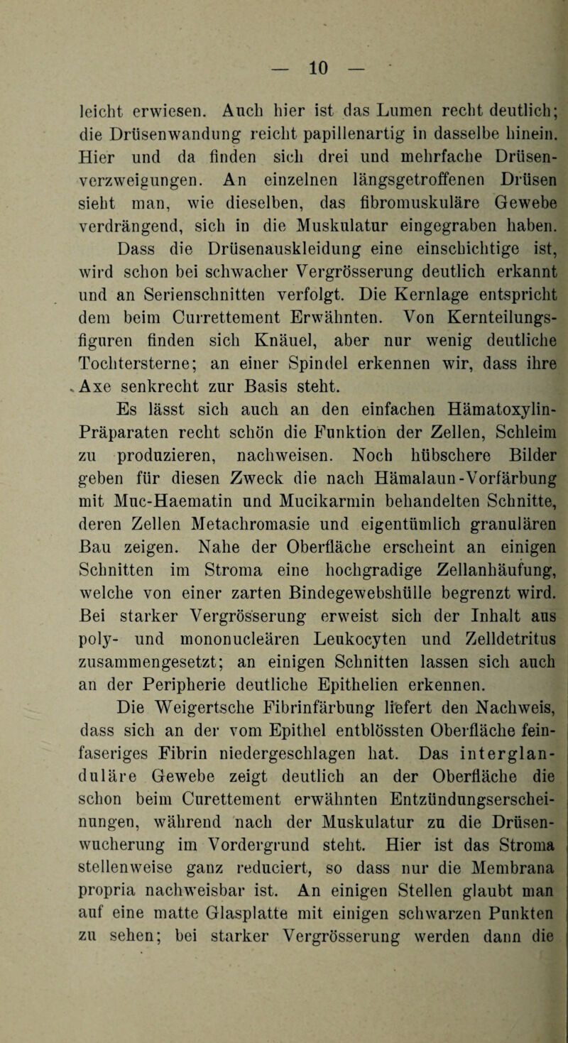 leicht erwiesen. Auch hier ist das Lumen recht deutlich; die Drüsenwandung reicht papillenartig in dasselbe hinein. Hier und da finden sich drei und mehrfache Drüsen¬ verzweigungen. An einzelnen längsgetroffenen Drüsen siebt man, wie dieselben, das fibromuskuläre Gewebe verdrängend, sich in die Muskulatur eingegraben haben. Dass die Drüsenauskleidung eine einschichtige ist, wird schon bei schwacher Vergrösserung deutlich erkannt und an Serienschnitten verfolgt. Die Kernlage entspricht dem beim Currettement Erwähnten. Von Kernteilungs¬ figuren finden sich Knäuel, aber nur wenig deutliche Tochtersterne; an einer Spindel erkennen wir, dass ihre * Axe senkrecht zur Basis steht. Es lässt sich auch an den einfachen Hämatoxylin- Präparaten recht schön die Funktion der Zellen, Schleim zu produzieren, nachweisen. Noch hübschere Bilder geben für diesen Zweck die nach Hämalaun-Vorfärbung mit Muc-Haematin und Mucikarmin behandelten Schnitte, deren Zellen Metachromasie und eigentümlich granulären Bau zeigen. Nahe der Oberfläche erscheint an einigen Schnitten im Stroma eine hochgradige Zellanhäufung, welche von einer zarten Bindegewebshülle begrenzt wird. Bei starker Vergrösserung erweist sich der Inhalt aus poly- und mononucleären Leukocyten und Zelldetritus zusammengesetzt; an einigen Schnitten lassen sich auch an der Peripherie deutliche Epithelien erkennen. Die Weigertsche Fibrinfärbung liefert den Nachweis, dass sich an der vom Epithel entblössten Oberfläche fein¬ faseriges Fibrin niedergeschlagen hat. Das interglan¬ duläre Gewebe zeigt deutlich an der Oberfläche die schon beim Curettement erwähnten Entzündungserschei¬ nungen, während nach der Muskulatur zu die Drüsen¬ wucherung im Vordergrund steht. Hier ist das Stroma stellenweise ganz reduciert, so dass nur die Membrana propria nachweisbar ist. An einigen Stellen glaubt man auf eine matte Glasplatte mit einigen schwarzen Punkten zu sehen; bei starker Vergrösserung werden dann die