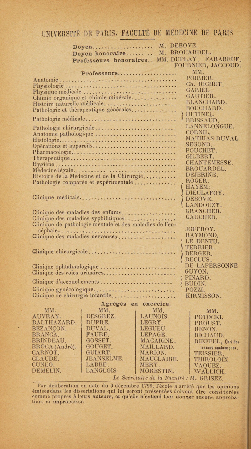 UNIVERSITÉ DE PARIS, FACULTE DE MÉDECINE DS PARIS Doyen... M. DEBOVE. Doyen honoraire. .. M. BROUARDEL. Professeurs honoraires.. MM. DUPLAT , FARABKUF, FOURNIER, JACCOUD. Professeurs... Anatomie , „ ..... Physiologie.. Physique médicale.»...... Chimie organique et chimie minérale. Histoire naturelle médicale... Pathologie et thérapeutique générales. Pathologie médicale... Pathologie chirurgicale.... Anatomie pathologique.. Histologie.,... Opérations et appareils..... Pharmacologie..... Thérapeutique. Hygiène.... Médecine légale...... Histoire de la Médecine et de la Chirurgie. Pathologie comparée et expérimentale... Clinique médicale... Clinique des maladies des enfants. Clinique des maladies syphilitiques.. Clinique de pathologie mentale et des maladies de l’en céphale..... Clinique des maladies nerveuses.. Clinique chirurgicale.... Clinique ophtalmologique .. Clinique des voies urinaires.... Clinique d’accouchements ... Clinique gynécologique..... Clinique de chirurgie infantile.'. MM. POIRIER. Ch. RICHET. GAR1EL. GAUTIER. BLANCHARD. BOUCHARD, j HUTINEL. t BRÏSSAUD. LANNELONGUE. CORNIL. MATHIAS DUVAL SECOND. POUCHET. GILBERT. CHANTEMESSE. BROUARDEL. DEJERINE. ROGER. ( HAYEM: ) DIEULAFOY. ) DEBOYE. ILANDOUZY. GRANCHER. GAUCHER. JOFFROY. RAYMOND. ( LE DENTU. ) TERRIER. )BERGER. ( RECLUS. DE LAPERSONNE GUYON. ( PINARD, f BUDIN. PH77T KIRMISSON. Agrégés en exercice. MM. MM. MM. MM. AUVRAY. DESGREZ. LAUNOIS POTOCKI. BALTHAZARD. DUPRE. LEGRY. PROUST. BEZANÇON. DUVAL. LEGUEU. RENON. BRANCA. FAURE. LEPAGE. RICHAUD. BRINDEAU. GOSSET. MACAIGNE. RIEFFEL, Chef des BROGA (André). GOUGET. MAILLARD. travaux anatomiques. CARNOT. GUIART. MARION. TEISSIER. CLAUDE. JEANSELME. MAUCLAIRE. THÏROLOIX CUNEO. LABBE. MERY. VAGUEZ. DEMELÎN. LANGLOIS MORESTIN. WALLICH. Le Secrétaire de la Faculté : M. GRISEZ. Par délibération en date du 9 décembre 1798, l’école a arrêté que les opinions émises dans les dissertations qui lui seront présentées doivent être considérées comme propres à leurs auteurs, et qu’elle n’entend leur donner aucune approba¬ tion, ni improbation.