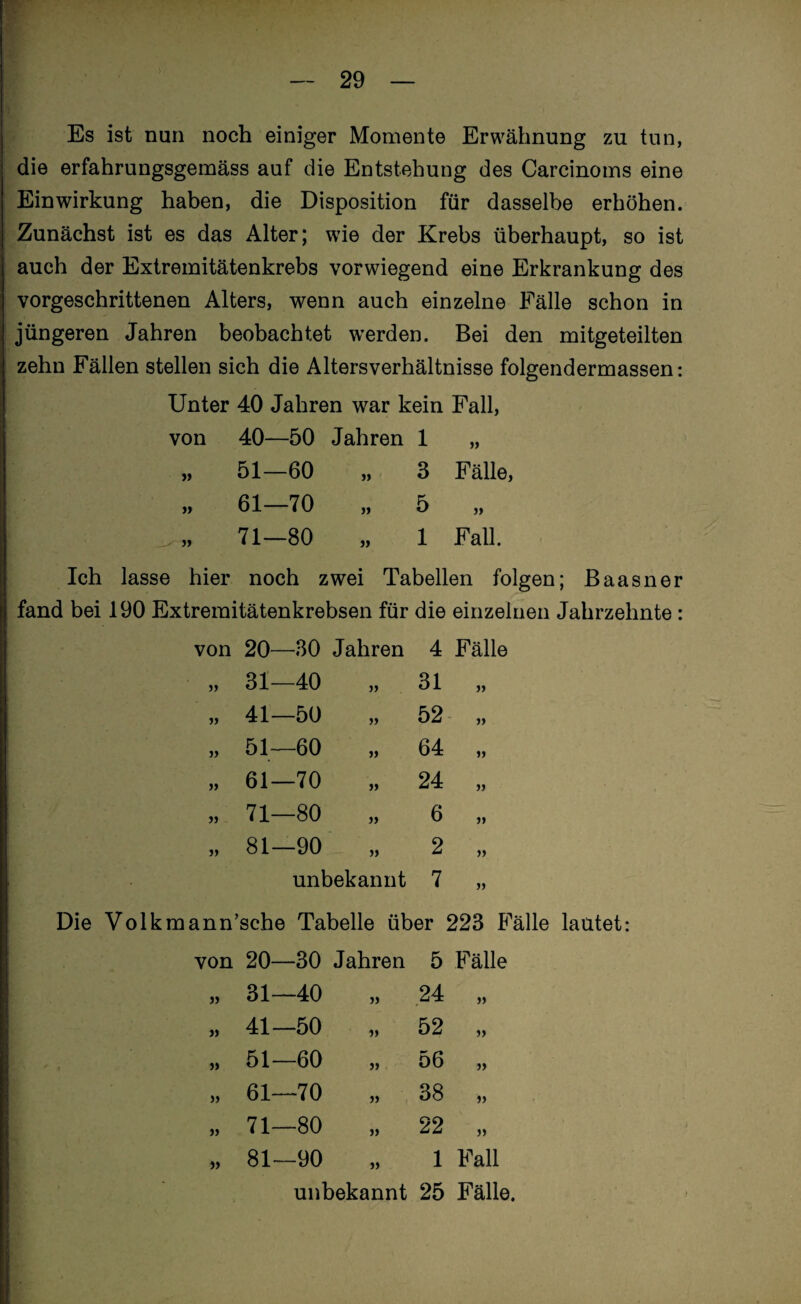 Es ist nun noch einiger Momente Erwähnung zu tun, die erfahrungsgemäss auf die Entstehung des Carcinoms eine Einwirkung haben, die Disposition für dasselbe erhöhen. Zunächst ist es das Alter; wie der Krebs überhaupt, so ist auch der Extremitätenkrebs vorwiegend eine Erkrankung des vorgeschrittenen Alters, wenn auch einzelne Fälle schon in jüngeren Jahren beobachtet werden. Bei den mitgeteilten zehn Fällen stellen sich die Altersverhältnisse folgendermassen: Unter 40 Jahren war kein Fall, von 40- -50 Jahren 1 » » 51- -60 » 3 Fälle, » 61- -70 5 )> » 71- -80 » 1 Fall. Ich lasse hier noch zwei Tabellen folgen; Baasner fand bei 190 Extremitätenkrebsen für die einzelnen Jahrzehnte : von 20- —30 Jahren 4 Fälle 31- -40 31 „ 41- —50 52 „ 51- -60 64 „ jj 61- -70 »» 24 „ 5) 71- -80 m 6 „ 81- -90 2 „ unbekannt 7 „ Die Volkmann’sche Tabelle über 223 Fälle lautet: von 20- —30 Jahren 5 Fälle 31- -40 » 24 „ » 41- -50 52 „ 51- -60 56 „ 61- -70 38 „ )> 71- -80 22 „ )> 81- —90 » 1 Fall unbekannt 25 Fälle.