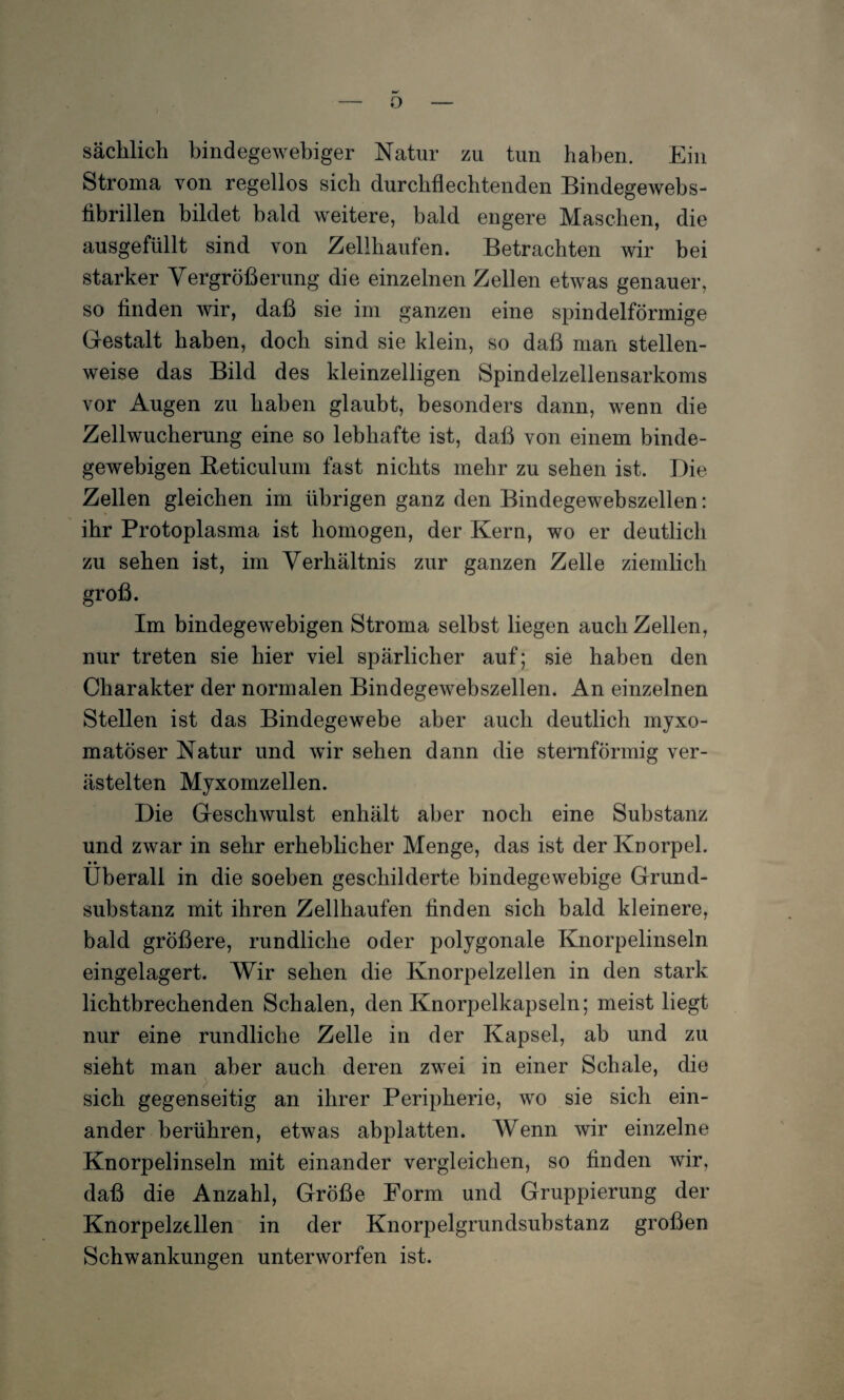 o sächlich bindegewebiger Natur zu tun haben. Ein Stroma von regellos sich durchflechtenden Bindegewebs- fibrillen bildet bald weitere, bald engere Maschen, die ausgefüllt sind von Zellhaufen. Betrachten wir bei starker Vergrößerung die einzelnen Zellen etwas genauer, so finden wir, daß sie im ganzen eine spindelförmige Gestalt haben, doch sind sie klein, so daß man stellen¬ weise das Bild des kleinzelligen Spindelzellensarkoms vor Augen zu haben glaubt, besonders dann, wenn die Zellwucherung eine so lebhafte ist, daß von einem binde¬ gewebigen Beticulum fast nichts mehr zu sehen ist. Die Zellen gleichen im übrigen ganz den Bindegewebszellen: ihr Protoplasma ist homogen, der Kern, wo er deutlich zu sehen ist, im Verhältnis zur ganzen Zelle ziemlich groß. Im bindegewebigen Stroma selbst liegen auch Zellen, nur treten sie hier viel spärlicher auf; sie haben den Charakter der normalen Bindegewebszellen. An einzelnen Stellen ist das Bindegewebe aber auch deutlich myxo- matöser Natur und wir sehen dann die sternförmig ver¬ ästelten Myxomzellen. Die Geschwulst enhält aber noch eine Substanz und zwar in sehr erheblicher Menge, das ist der Knorpel. Überall in die soeben geschilderte bindegewebige Grund¬ substanz mit ihren Zellhaufen finden sich bald kleinere, bald größere, rundliche oder polygonale Knorpelinseln eingelagert. Wir sehen die Knorpelzellen in den stark lichtbrechenden Schalen, den Knorpelkapseln; meist liegt nur eine rundliche Zelle in der Kapsel, ab und zu sieht man aber auch deren zwei in einer Schale, die sich gegenseitig an ihrer Peripherie, wo sie sich ein¬ ander berühren, etwas abplatten. Wenn wir einzelne Knorpelinseln mit einander vergleichen, so finden wir, daß die Anzahl, Größe Form und Gruppierung der Knorpelztllen in der Knorpelgrundsubstanz großen Schwankungen unterworfen ist.