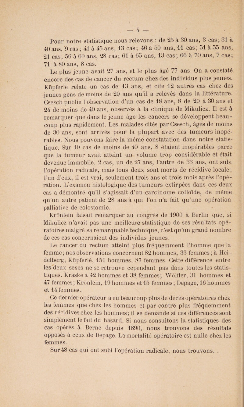 Pour notre statistique nous relevons : de 25 à 30 ans, 3 cas; 31 à 40 ans, '9 cas ; 41 à 45 ans, 13 cas ; 46 à 50 ans, 11 cas; 51 à 55 ans, 21 cas; 56 à 60 ans, 28 cas; 61 à 65 ans, 13 cas ; 66 à 70 ans, 7 cas; 71 à 80 ans, 8 cas. Le plus jeune avait 27 ans, et le plus âgé 77 ans. On a constaté encore des cas de cancer du rectum chez des individus plus jeunes. Küpferle relate un cas de 13 ans, et cite 12 autres cas chez des jeunes gens de moins de 20 ans qu’il a relevés dans la littérature. Gsesch publie l’observation d’un cas de 18 ans, 8 de 20 à 30 ans et 24 de moins de 40 ans, observés à la clinique de Mikulicz. Il est à remarquer que dans le jeune âge les cancers se développent beau¬ coup plus rapidement. Les malades cités parCsesch, âgés de moins de 30 ans, sont arrivés pour la plupart avec des tumeurs inopé¬ rables. Nous pouvons faire la même constatation dans notre statis¬ tique. Sur 10 cas de moins de 40 ans, 8 étaient inopérables parce que la tumeur avait atteint un volume trop considérable et était devenue immobile. 2 cas, un de 27 ans, l’autre de 33 ans, ont subi l’opération radicale, mais tous deux sont morts de récidive locale ; l’un d’eux, il est vrai, seulement trois ans et trois mois après l’opé¬ ration. L’examen histologique des tumeurs extirpées dans ces deux cas a démontré qu’il s’agissait d’un carcinome colloïde, de même qu’un autre patient de 28 ans à qui l’on n’a fait qu’une opération palliative de colostomie. Krônlein faisait remarquer au congrès de 1900 à Berlin que, si Mikulicz n’avait pas une meilleure statistique de ses résultats opé¬ ratoires malgré sa remarquable technique, c’est qu’un grand nombre de ces cas concernaient des individus jeunes. Le cancer du rectum atteint plus fréquemment l’homme que la femme; nos observations concernent 82 hommes, 33 femmes; à Hei¬ delberg, Küpferlé, 151 hommes, 87 femmes. Cette différence entre les deux sexes ne se retrouve cependant pas dans toutes les statis¬ tiques. Kraske a 42 hommes et 38 femmes; Wôlfler, 31 hommes et 47 femmes; Krônlein, 19 hommes et 15 femmes; Depage, 16 hommes et 14 femmes. Ce dernier opérateur a eu beaucoup plus de décès opératoires chez les femmes que chez les hommes et par contre plus fréquemment des récidives chez les hommes; il se demande si ces différences sont simplement le fait du hasard. Si nous consultons la statistiques des cas opérés à Berne depuis 1890, nous trouvons des résultats opposés à ceux de Depage. La mortalité opératoire est nulle chez les femmes. Sur48 cas qui ont subi l’opération radicale, nous trouvons. :