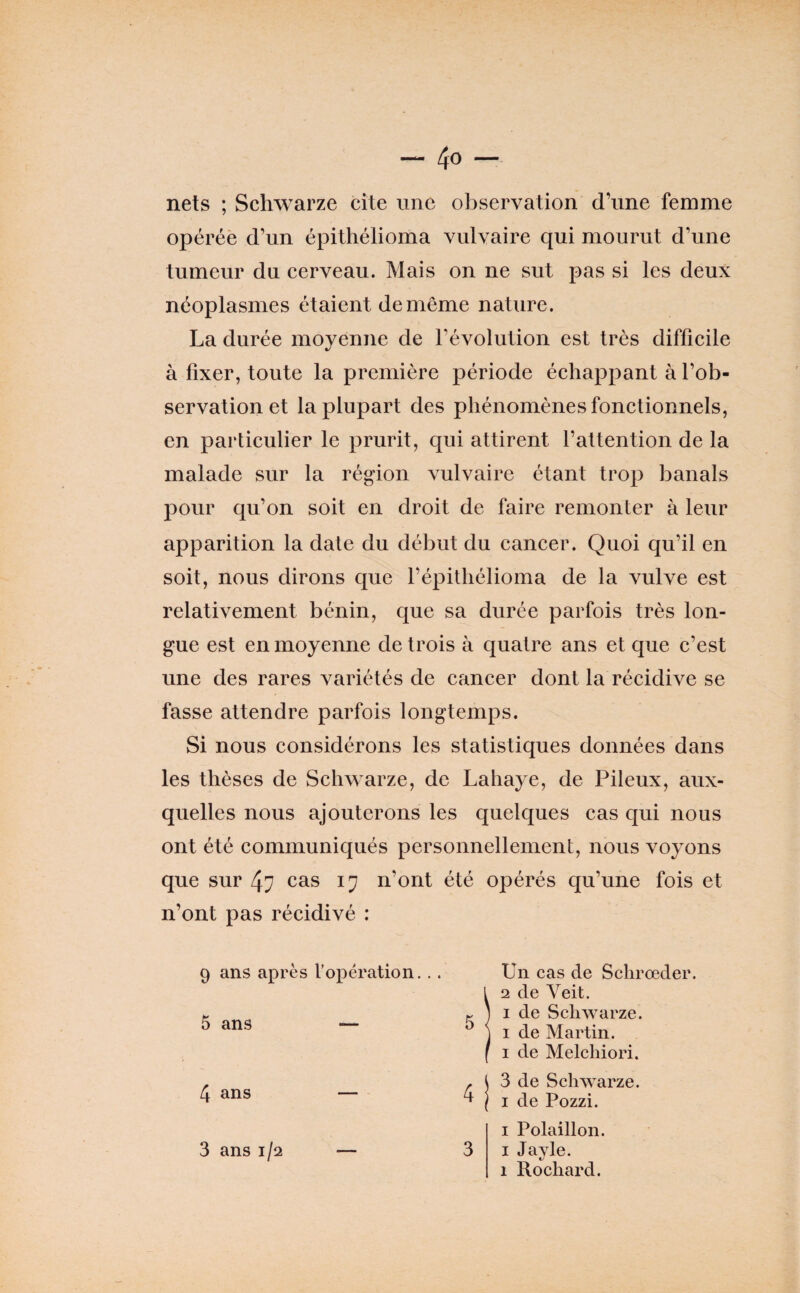 nets ; Schwarze cite une observation d’une femme opérée d’un épithélioma vulvaire qui mourut d’une tumeur du cerveau. Mais on ne sut pas si les deux néoplasmes étaient de même nature. La durée moyenne de l’évolution est très difficile à fixer, toute la première période échappant à l’ob¬ servation et la plupart des phénomènes fonctionnels, en particulier le prurit, qui attirent l’altention de la malade sur la région vulvaire étant trop banals j)Our qu’on soit en droit de faire remonter à leur apparition la date du début du cancer. Quoi qu’il en soit, nous dirons que l’épithélioma de la vulve est relativement bénin, que sa durée parfois très lon¬ gue est en moyenne de trois à quatre ans et que c’est une des rares variétés de cancer dont la récidive se fasse attendre parfois longtemps. Si nous considérons les statistiques données dans les thèses de Schwarze, de Lahaye, de Pileux, aux¬ quelles nous ajouterons les quelques cas qui nous ont été communiqués personnellement, nous voyons que sur 47 cas 17 n’ont été opérés qu’une fois et n’ont pas récidivé : 9 ans après Vopération.. . Un cas de Sclirœder. 5 ans 4 ans 3 de Schwarze. I de Pozzi. I Polaillon. I Jayle. 1 Rochard. 3 ans 1/2 3