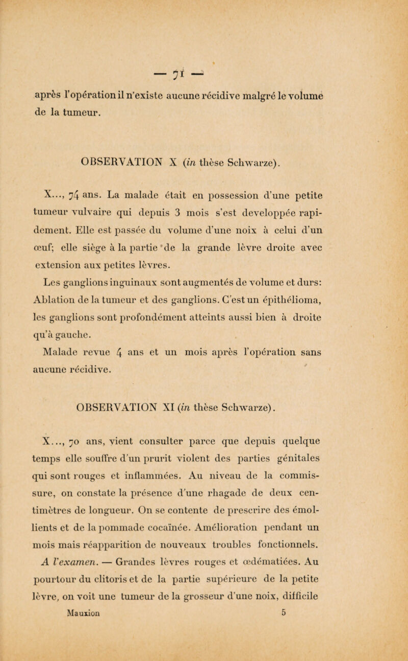 de la tumeur. OBSERVATION X {in thèse Schwarze). X..., ^4 La malade était en possession d’une petite tumeur vulvaire qui depuis 3 mois s’est développée rapi¬ dement. Elle est passée du volume d’une noix à celui d’un œuf; elle siège à la partie * de la grande lèvre droite avec extension aux petites lèvres. Les ganglions inguinaux sont augmentés de volume et durs: Ablation de la tumeur et des ganglions. C’est un épithélioma, les ganglions sont profondément atteints aussi bien à droite qu’à gauche. Malade revue 4 mois après l’opération sans aucune récidive. OBSERVATION XI (in thèse Schwarze). X..., 70 ans, vient consulter parce que depuis quelque temps elle souffre d’un prurit violent des parties génitales qui sont rouges et iiiflammées. Au niveau de la commis¬ sure, on constate la présence d’une rhagade de deux cen¬ timètres de longueur. On se contente de prescrire des émol¬ lients et de la pommade cocaïnée. Amélioration pendant un mois mais réapparition de nouveaux troubles fonctionnels. A Vexamen. — Grandes lèvres rouges et œdématiées. Au pourtour du clitoris et de la partie supérieure de la petite lèvre, on voit une tumeur de la grosseur d’une noix, difficile Mauxion 5