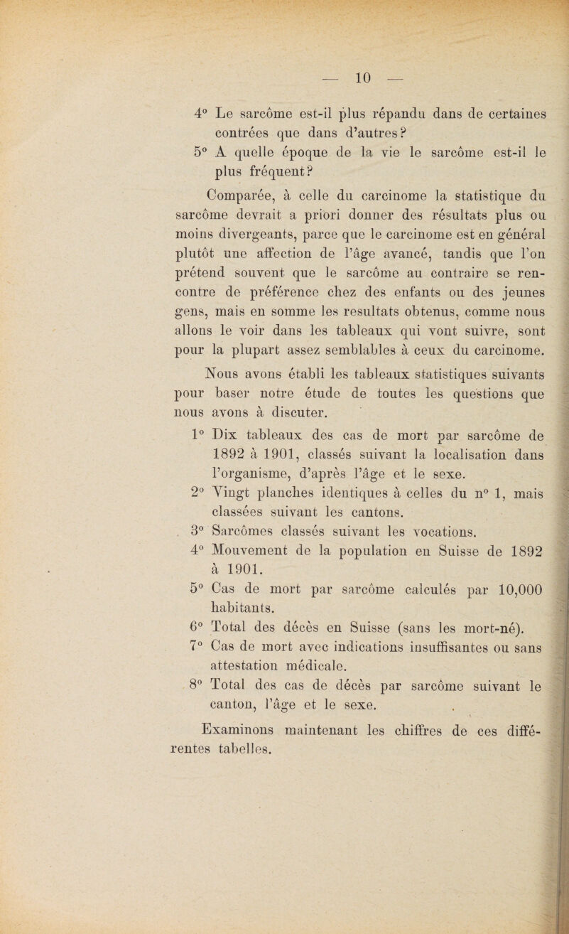 4° Le sarcome est-il plus répandu dans de certaines contrées que dans d’autres? 5° A quelle époque de la vie le sarcome est-il le plus fréquent? Comparée, à celle du carcinome la statistique du sarcome devrait a priori donner des résultats plus ou moins divergeants, parce que le carcinome est en général plutôt une affection de l’âge avancé, tandis que l’on prétend souvent que le sarcome au contraire se ren¬ contre de préférence chez des enfants ou des jeunes gens, mais en somme les résultats obtenus, comme nous allons le voir dans les tableaux qui vont suivre, sont pour la plupart assez semblables à ceux du carcinome. Nous avons établi les tableaux statistiques suivants pour baser notre étude de toutes les questions que nous avons à discuter. 1° Dix tableaux des cas de mort par sarcome de 1892 à 1901, classés suivant la localisation dans l’organisme, d’après l’âge et le sexe. 2° Yingt planches identiques à celles du n° 1, mais classées suivant les cantons. , 3° Sarcomes classés suivant les vocations. 4° Mouvement de la population en Suisse de 1892 à 1901. 5° Cas de mort par sarcome calculés par 10,000 habitants. 6° Total des décès en Suisse (sans les mort-né). 7° Cas de mort avec indications insuffisantes ou sans attestation médicale. 8° Total des cas de décès par sarcome suivant le canton, l’âge et le sexe. Examinons maintenant les chiffres de ces diffé¬ rentes tabelles.