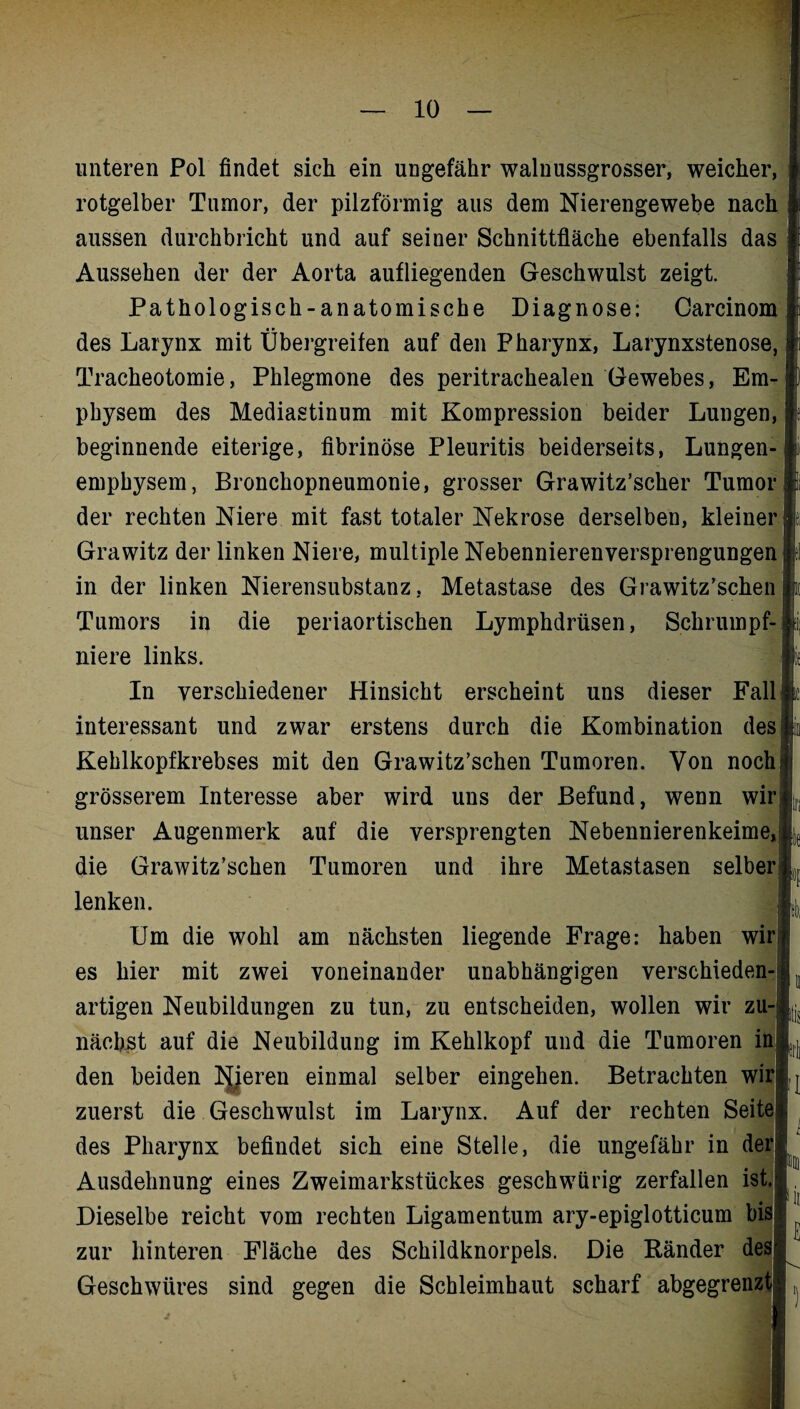 unteren Pol findet sich ein ungefähr walnussgrosser, weicher, rotgelber Tumor, der pilzförmig aus dem Nierengewebe nach aussen durchbricht und auf seiner Schnittfläche ebenfalls das Aussehen der der Aorta aufliegenden Geschwulst zeigt. Pathologisch-anatomische Diagnose: Carcinom des Larynx mit Übergreifen auf den Pharynx, Larynxstenose, Tracheotomie, Phlegmone des peritrachealen Gewebes, Em¬ physem des Mediastinum mit Kompression beider Lungen, beginnende eiterige, fibrinöse Pleuritis beiderseits, Lungen¬ emphysem, Bronchopneumonie, grosser Grawitz’scher Tumor der rechten Niere mit fast totaler Nekrose derselben, kleiner Grawitz der linken Niere, multiple Nebennierenversprengungen in der linken Nierensubstanz. Metastase des Grawitz’schen Tumors in die periaortischen Lymphdrüsen, Schrumpf¬ niere links. In verschiedener Hinsicht erscheint uns dieser Fall interessant und zwar erstens durch die Kombination des Kehlkopfkrebses mit den Grawitz’schen Tumoren. Von nochi grösserem Interesse aber wird uns der Befund, wenn wir unser Augenmerk auf die versprengten Nebennierenkeime, die Grawitz’schen Tumoren und ihre Metastasen selber] lenken. Um die wohl am nächsten liegende Frage: haben wir; es hier mit zwei voneinander unabhängigen verschieden-; artigen Neubildungen zu tun, zu entscheiden, wollen wir zu¬ nächst auf die Neubildung im Kehlkopf und die Tumoren in den beiden leeren einmal selber eingehen. Betrachten wirj zuerst die Geschwulst im Larynx. Auf der rechten Seite| des Pharynx befindet sich eine Stelle, die ungefähr in der* Ausdehnung eines Zweimarkstückes geschwürig zerfallen ist.’ Dieselbe reicht vom rechten Ligamentum ary-epiglotticum bis zur hinteren Fläche des Schildknorpels. Die Ränder des' Geschwüres sind gegen die Schleimhaut scharf abgegrenzt' 1 ')