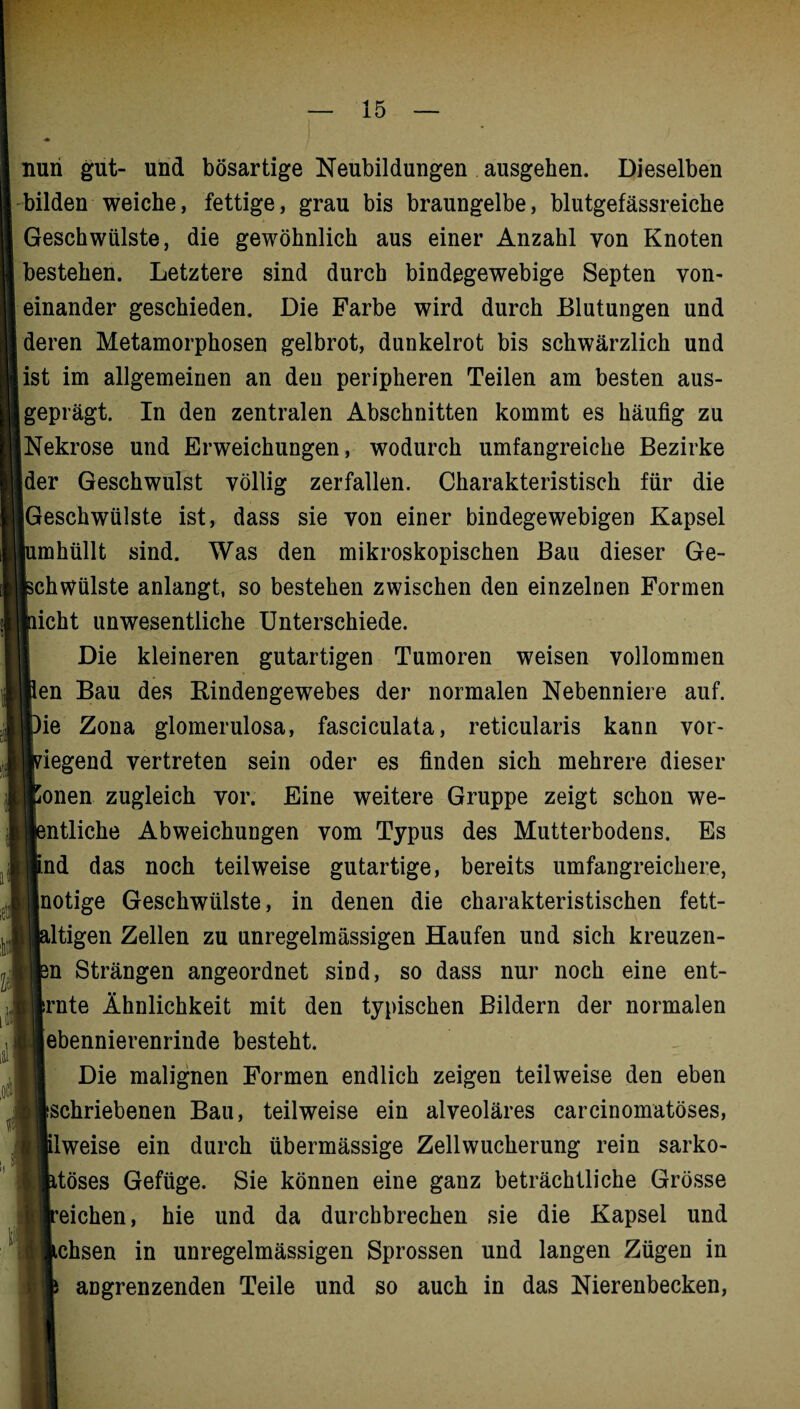 nun gut- und bösartige Neubildungen ausgehen. Dieselben bilden weiche, fettige, grau bis braungelbe, blutgefässreiche Geschwülste, die gewöhnlich aus einer Anzahl von Knoten bestehen. Letztere sind durch bindegewebige Septen von¬ einander geschieden. Die Farbe wird durch Blutungen und deren Metamorphosen gelbrot, dunkelrot bis schwärzlich und ist im allgemeinen an den peripheren Teilen am besten aus¬ geprägt. In den zentralen Abschnitten kommt es häufig zu Nekrose und Erweichungen, wodurch umfangreiche Bezirke [der Geschwulst völlig zerfallen. Charakteristisch für die (Geschwülste ist, dass sie von einer bindegewebigen Kapsel imhüllt sind. Was den mikroskopischen Bau dieser Ge¬ schwülste anlangt, so bestehen zwischen den einzelnen Formen licht unwesentliche Unterschiede. Die kleineren gutartigen Tumoren weisen vollommen len Bau des Rindengewebes der normalen Nebenniere auf. >ie Zona glomerulosa, fasciculata, reticularis kann vor¬ liegend vertreten sein oder es finden sich mehrere dieser Ionen zugleich vor. Eine weitere Gruppe zeigt schon we- mtliche Abweichungen vom Typus des Mutterbodens. Es ind das noch teilweise gutartige, bereits umfangreichere, [notige Geschwülste, in denen die charakteristischen fett- iltigen Zellen zu unregelmässigen Haufen und sich kreuzen¬ in Strängen angeordnet sind, so dass nur noch eine ent¬ tarnte Ähnlichkeit mit den typischen Bildern der normalen [ebennierenrinde besteht. Die malignen Formen endlich zeigen teilweise den eben [schriebenen Bau, teilweise ein alveoläres carcinomatöses, plweise ein durch übermässige Zellwucherung rein sarko- itöses Gefüge. Sie können eine ganz beträchtliche Grösse ^eichen, hie und da durchbrechen sie die Kapsel und tchsen in unregelmässigen Sprossen und langen Zügen in angrenzenden Teile und so auch in das Nierenbecken,