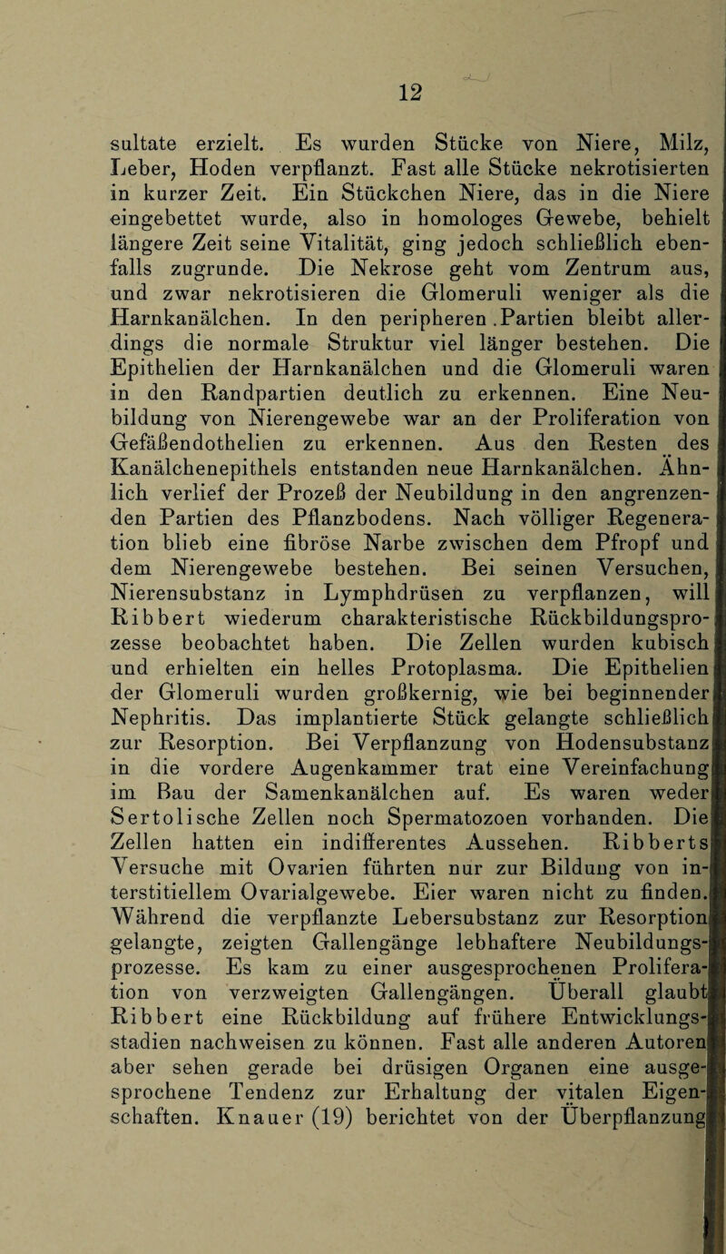 sultate erzielt. Es wurden Stücke von Niere, Milz, Leber, Hoden verpflanzt. Fast alle Stücke nekrotisierten in kurzer Zeit. Ein Stückchen Niere, das in die Niere eingebettet wurde, also in homologes Gewebe, behielt längere Zeit seine Vitalität, ging jedoch schließlich eben¬ falls zugrunde. Die Nekrose geht vom Zentrum aus, und zwar nekrotisieren die Glomeruli weniger als die Harnkanälchen. In den peripheren .Partien bleibt aller¬ dings die normale Struktur viel länger bestehen. Die Epithelien der Harnkanälchen und die Glomeruli waren in den Randpartien deutlich zu erkennen. Eine Neu¬ bildung von Nierengewebe war an der Proliferation von Gefäßendothelien zu erkennen. Aus den Resten des • • Kanälchenepithels entstanden neue Harnkanälchen. Ähn¬ lich verlief der Prozeß der Neubildung in den angrenzen¬ den Partien des Pflanzbodens. Nach völliger Regenera¬ tion blieb eine fibröse Narbe zwischen dem Pfropf und dem Nierengewebe bestehen. Bei seinen Versuchen, Nierensubstanz in Lymphdrüsen zu verpflanzen, will Ribbert wiederum charakteristische Rückbildungspro¬ zesse beobachtet haben. Die Zellen wurden kubisch und erhielten ein helles Protoplasma. Die Epithelien der Glomeruli wurden großkernig, wie bei beginnender Nephritis. Das implantierte Stück gelangte schließlich zur Resorption. Bei Verpflanzung von Hodensubstanz in die vordere Augenkammer trat eine Vereinfachung im Bau der Samenkanälchen auf. Es waren weder Sertolische Zellen noch Spermatozoen vorhanden. Die; Zellen hatten ein indifferentes Aussehen. Ribbertsj Versuche mit Ovarien führten nur zur Bildung von in¬ terstitiellem Ovarialgewebe. Eier waren nicht zu finden. Während die verpflanzte Lebersubstanz zur Resorption gelangte, zeigten Gallengänge lebhaftere Neubildungs-i prozesse. Es kam zu einer ausgesprochenen Prolifera¬ tion von verzweigten Gallengängen. Überall glaubt! Ribbert eine Rückbildung auf frühere Entwicklungs-i Stadien nachweisen zu können. Fast alle anderen Autoren) aber sehen gerade bei drüsigen Organen eine ausge-1 sprochene Tendenz zur Erhaltung der vitalen Eigen-| schäften. Knauer (19) berichtet von der Überpflanzung!