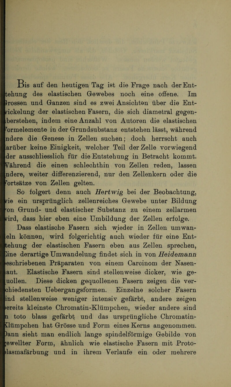 Bis auf den heutigen Tag ist die Frage nach derEnt- tehung des elastischen Gewebes noch eine offene. Im Sfrossen und Ganzen sind es zwei Ansichten über die Ent¬ nickelung der elastischen Fasern, die sich diametral gegen- berstehen, indem eine Anzahl von Autoren die elastischen '’ormelemente in der Grundsubstanz entstehen lässt, während ndere die Genese in Zellen suchen; doch herrscht auch arüber keine Einigkeit, welcher Teil der Zelle vorwiegend der ausschliesslich für die Entstehung in Betracht kommt. Vahrend die einen schlechthin von Zellen reden, lassen ndere, weiter differenzierend, nur den Zellenkern oder die Fortsätze von Zellen gelten. So folgert denn auch Hertwig bei der Beobachtung, ne ein ursprünglich zellenreiches Gewebe unter Bildung on Grund- und elastischer Substanz zu einem zellarmen nrd, dass hier eben eine Umbildung der Zellen erfolge. Dass elastische Fasern sich wieder in Zellen umwan- « ein können, wird folgerichtig auch wieder für eine Ent- tehung der elastischen Fasern eben aus Zellen sprechen, line derartige Umwandelung findet sich in von Heidemann eschriebenen Präparaten von einem Carcinom der Nasen- aut. Elastische Fasern sind stellenweise dicker, wie ge¬ quollen. Diese dicken gequollenen Fasern zeigen die ver- chiedensten Uebergangsformen. Einzelne solcher Fasern ind stellenweise weniger intensiv gefärbt, andere zeigen >ereits kleinste Chromatin-Klümpchen, wieder andere sind n toto blass gefärbt und das ursprüngliche Chromatin- Qümpchen hat Grösse und Form eines Kerns angenommen. )ann sieht man endlich lange spindelförmige Gebilde von gewellter Form, ähnlich wie elastische Fasern mit Proto- dasmafärbung und in ihrem Verlaufe ein oder mehrere