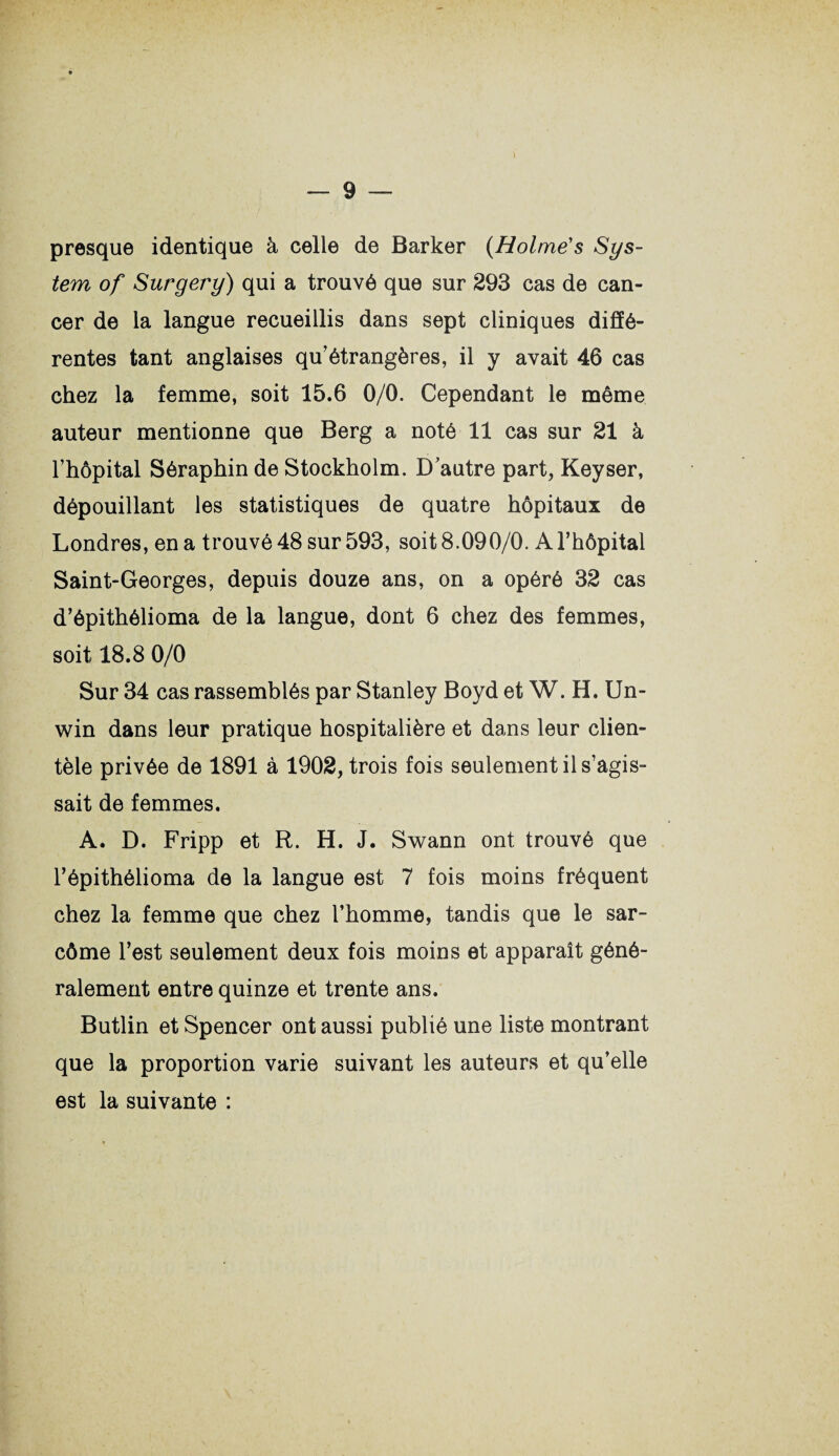 presque identique à celle de Barker (Holmës Sys¬ tem of Surgery) qui a trouvé que sur 293 cas de can¬ cer de la langue recueillis dans sept cliniques diffé¬ rentes tant anglaises qu’étrangères, il y avait 46 cas chez la femme, soit 15.6 0/0. Cependant le même auteur mentionne que Berg a noté 11 cas sur 21 à l’hôpital Séraphin de Stockholm. D’autre part, Keyser, dépouillant les statistiques de quatre hôpitaux de Londres, en a trouvé 48 sur 593, soit 8.090/0. A l’hôpital Saint-Georges, depuis douze ans, on a opéré 32 cas d’épithélioma de la langue, dont 6 chez des femmes, soit 18.8 0/0 Sur 34 cas rassemblés par Stanley Boyd et W. H. Un- win dans leur pratique hospitalière et dans leur clien¬ tèle privée de 1891 à 1902, trois fois seulement il s’agis¬ sait de femmes. A. D. Fripp et R. H. J. Swann ont trouvé que l’épithélioma de la langue est 7 fois moins fréquent chez la femme que chez l’homme, tandis que le sar- côme l’est seulement deux fois moins et apparaît géné¬ ralement entre quinze et trente ans. Butlin et Spencer ont aussi publié une liste montrant que la proportion varie suivant les auteurs et qu’elle est la suivante :