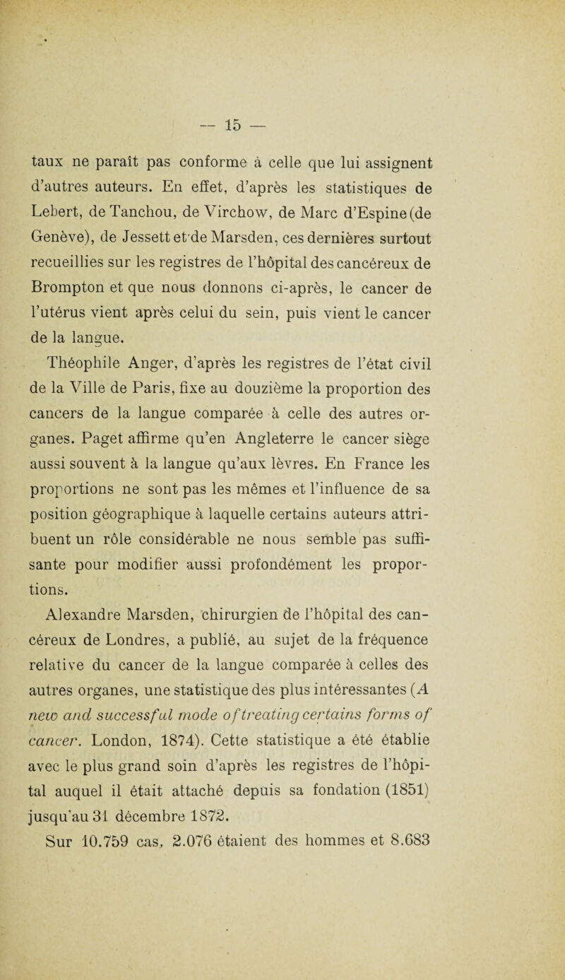 taux ne paraît pas conforme à celle que lui assignent d’autres auteurs. En effet, d’après les statistiques de Lebert, deTanchou, de Virchow, de Marc d’Espine(de Genève), de Jessett et'de Marsden, ces dernières surtout recueillies sur les registres de l’hôpital des cancéreux de Brompton et que nous donnons ci-après, le cancer de l’utérus vient après celui du sein, puis vient le cancer de la langue. Théophile Anger, d’après les registres de l’état civil de la Ville de Paris, fixe au douzième la proportion des cancers de la langue comparée à celle des autres or¬ ganes. Paget affirme qu’en Angleterre le cancer siège aussi souvent à la langue qu’aux lèvres. En France les proportions ne sont pas les mêmes et l’influence de sa position géographique à laquelle certains auteurs attri¬ buent un rôle considérable ne nous semble pas suffi¬ sante pour modifier aussi profondément les propor¬ tions. Alexandre Marsden, chirurgien de l’hôpital des can¬ céreux de Londres, a publié, au sujet de la fréquence relative du cancer de la langue comparée à celles des autres organes, une statistique des plus intéressantes (A new and successfal mode of treating certains for ms of cancer. London, 1874). Cette statistique a été établie avec le plus grand soin d’après les registres de l’hôpi¬ tal auquel il était attaché depuis sa fondation (1851) jusqu'au 31 décembre 1872. Sur 10.759 cas, 2.076 étaient des hommes et 8.683