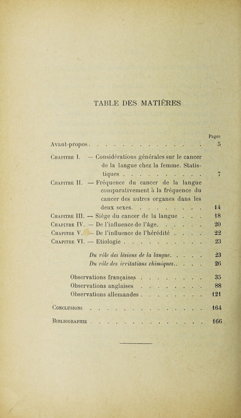 TABLE DES MATIÈRES Pagos Avant-propos. 5 Chapitre I. — Considérations générales sur le cancer de la langue chez la femme. Statis¬ tiques .. 7 Chapitre K. — Fréquence du cancer de la langue comparativement a la fréquence du cancer des autres organes dans les deux sexes. 14 Chapitre III. — Siège du cancer de la langue ... 18 Chapitre IV. — De l’influence de l’âge. 20 Chapitre V. - De l’influence de l’hérédité .... 22 Chapitre VI. — Etiologie. 23 Du rôle des lésions de la langue. 23 Du rôle des irritations chimiques. 26 Observations françaises. 35 Observations anglaises. 88 Observations allemandes.121 Conclusions.164 Bibliographie. 166