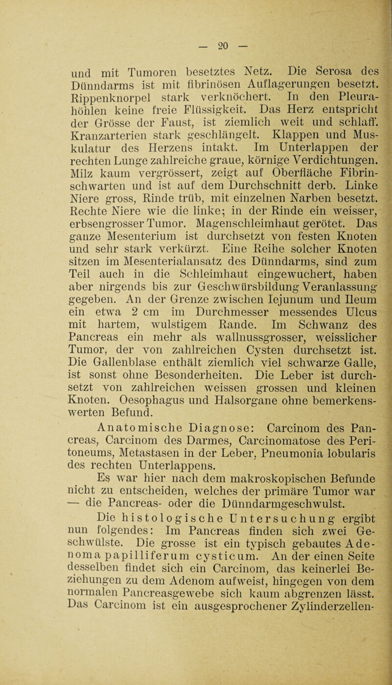 und mit Tumoren besetztes Netz. Die Serosa des Dünndarms ist mit fibrinösen Auflagerungen besetzt. Rippenknorpel stark verknöchert. In den Pleura¬ höhlen keine freie Flüssigkeit. Das Herz entspricht der Grösse der Faust, ist ziemlich weit und schlaff. Kranzarterien stark geschlängelt. Klappen und Mus¬ kulatur des Herzens intakt. Im Unterlappen der rechten Lunge zahlreiche graue, körnige Verdichtungen. Milz kaum vergrössert, zeigt auf Oberfläche Fibrin¬ schwarten und ist auf dem Durchschnitt derb. Linke Niere gross, Rinde trüb, mit einzelnen Narben besetzt. Rechte Niere wie die linke; in der Rinde ein weisser, erbsengrosser Tumor. Magenschleimhaut gerötet. Das ganze Mesenterium ist durchsetzt von festen Knoten und sehr stark verkürzt. Eine Reihe solcher Knoten sitzen im Mesenterialansatz des Dünndarms, sind zum Teil auch in die Schleimhaut eingewuchert, haben aber nirgends bis zur Geschwürsbildung Veranlassung gegeben. An der Grenze zwischen Iejunum und Ileum ein etwra 2 cm im Durchmesser messendes Ulcus mit hartem, wulstigem Rande. Im Schwanz des Pancreas ein mehr als wallnussgrosser, wreisslicher Tumor, der von zahlreichen Cysten durchsetzt ist. Die Gallenblase enthält ziemlich viel schwarze Galle, ist sonst ohne Besonderheiten. Die Leber ist durch¬ setzt von zahlreichen weissen grossen und kleinen Knoten. Oesophagus und Halsorgane ohne bemerkens¬ werten Befund. Anatomische Diagnose: Carcinom des Pan¬ creas, Carcinom des Darmes, Carcinomatose des Peri¬ toneums, Metastasen in der Leber, Pneumonia lobularis des rechten Unterlappens. Es war hier nach dem makroskopischen Befunde nicht zu entscheiden, welches der primäre Tumor war — die Pancreas- oder die Dünndarmgeschwulst. Die histologische Untersuchung ergibt nun folgendes: Im Pancreas finden sich zwei Ge¬ schwülste. Die grosse ist ein typisch gebautes Ade- noma papilliferum cysticum. An der einen Seite desselben findet sich ein Carcinom, das keinerlei Be¬ ziehungen zu dem Adenom aufweist, hingegen von dem normalen Pancreasgewebe sich kaum abgrenzen lässt. Das Carcinom ist ein ausgesprochener Zylinderzellen-