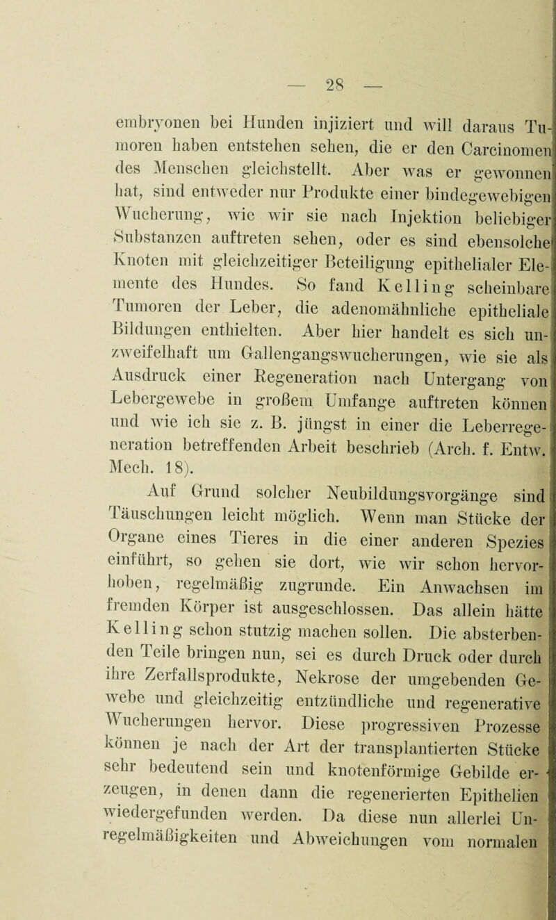 embryonen bei Hunden injiziert und will daraus Tu-! moren haben entstehen sehen, die er den Carcinomen des Menschen gleichstellt. Aber was er gewonnen hat, sind entweder nur Produkte einer bindegewebigen Wucherung, wie wir sie nach Injektion beliebiger Substanzen auftreten sehen, oder es sind ebensolche! Knoten mit gleichzeitiger Beteiligung epithelialer Ele¬ mente des Hundes. So fand Kelling scheinbare Tumoren der Leber, die adenomähnliche epitheliale Bildungen enthielten. Aber hier handelt es sich un¬ zweifelhaft um Gallengangswucherungen, wie sie als Ausdruck einer Degeneration nach Untergang von Lebergewebe in großem Umfange auftreten können und wie ich sie z. B. jüngst in einer die Leberrege¬ neration betreffenden Arbeit beschrieb (Arch. f. Entw. Mech. 18). Aut Grund solcher Neubildungs Vorgänge sind 1 äuschungen leicht möglich. Wenn man Stücke der Oigane eines Tieres in die einer anderen Spezies einfiihit, so gehen sie dort, wie wir schon hervor¬ hoben , regelmäßig zugrunde. Ein Anwachsen im! fremden Körper ist ausgeschlossen. Das allein hätte Kelling schon stutzig machen sollen. Die absterben¬ den Teile bringen nun, sei es durch Druck oder durch 1 ihre Zerfallsprodukte, Nekrose der umgebenden Ge¬ webe und gleichzeitig entzündliche und regenerative Wucherungen hervor. Diese progressiven Prozesse j können je nach der Art der transplantierten Stücke I sehr bedeutend sein und knotenförmige Gebilde er- • zeugen, in denen dann die regenerierten Epithelien wiedergefunden werden. Da diese nun allerlei Un¬ regelmäßigkeiten und Abweichungen vom normalen