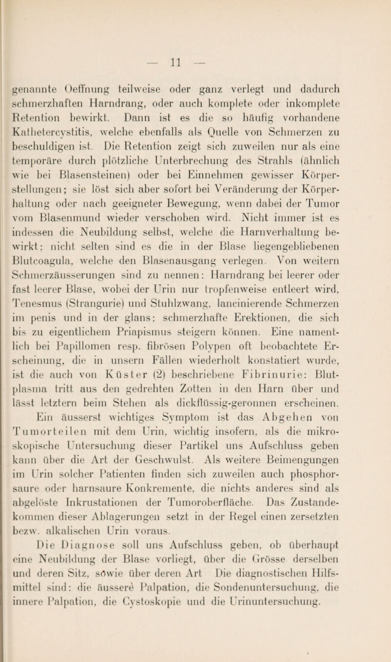 genannte Oeffnung teilweise oder ganz verlegt und dadurch schmerzhaften Harndrang, oder auch komplete oder inkomplete Retention bewirkt. Dann ist es die so häufig vorhandene Kathetercystitis, welche ebenfalls als Quelle von Schmerzen zu beschuldigen ist. Die Retention zeigt sich zuweilen nur als eine temporäre durch plötzliche Unterbrechung des Strahls (ähnlich wie hei Blasensteinen) oder bei Ein nehmen gewisser Körper¬ stellungen; sie löst sich aber sofort hei Veränderung der Körper¬ haltung oder nach geeigneter Bewegung, wenn dabei der Tumor vom Blasenmund wieder verschoben wird. Nicht immer ist es indessen die Neubildung seihst, welche die Harnverhaltung be¬ wirkt; nicht selten sind es die in der Blase liegengebliebenen Blutcoagula, welche den Blasenausgang verlegen. Von weitern Schmerzäusserungen sind zu nennen: Harndrang bei leerer oder fast leerer Blase, wobei der Urin nur tropfenweise entleert wird, Tenesmus (Strangurie) und Stuhlzwang, lancinierende Schmerzen im penis und in der glans; schmerzhafte Erektionen, die sich bis zu eigentlichem Priapismus steigern können. Eine nament¬ lich bei Papillomen resp. fibrösen Polypen oft beobachtete Er¬ scheinung, die in unsern Fällen wiederholt konstatiert wurde, ist die auch von Küster (2) beschriebene Fibrinurie: Blut¬ plasma tritt aus den gedrehten Zotten in den Harn über und lässt letztem beim Stehen als dickflüssig-geronnen erscheinen. Ein äusserst wichtiges Symptom ist das Ah gehen von Tumorteilen mit dem Urin, wichtig insofern, als die mikro¬ skopische Untersuchung dieser Partikel uns Aufschluss geben kann über die Art der Geschwulst. Als weitere Beimengungen im Urin solcher Patienten finden sich zuweilen auch phosphor¬ saure oder harnsaure Konkremente, die nichts anderes sind als abgelöste Inkrustationen der Tumoroberfläche. Das Zustande¬ kommen dieser Ablagerungen setzt in der Regel einen zersetzten bezw. alkalischen Urin voraus. Die Diagnose soll uns Aufschluss geben, oh überhaupt eine Neubildung der Blase vorliegt, über die Grösse derselben und deren Sitz, söwie über deren Art Die diagnostischen Hilfs¬ mittel sind: die äussere Palpation, die Sondenuntersuchung, die innere Palpation, die Cystoskopie und die Urinuntersuchung.