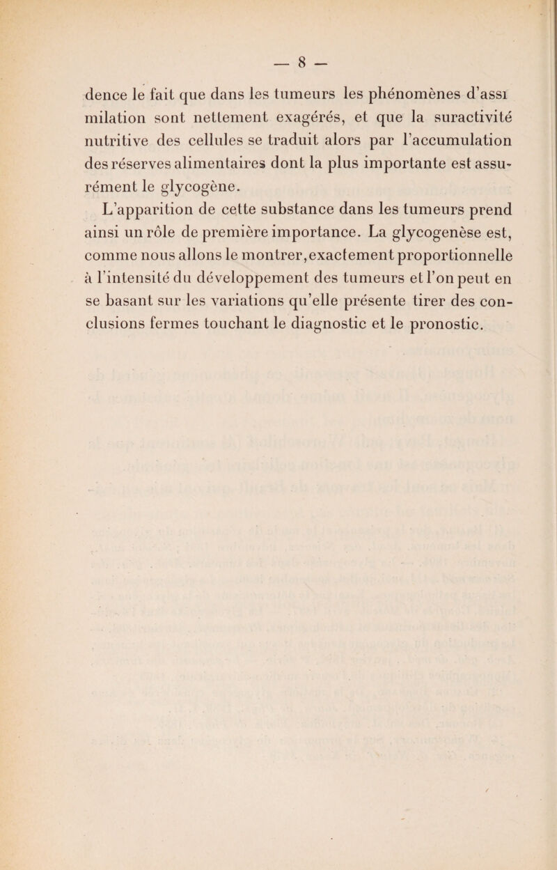 dence le fait que dans les tumeurs les phénomènes d’assi milation sont nettement exagérés, et que la suractivité nutritive des cellules se traduit alors par l'accumulation des réserves alimentaires dont la plus importante est assu¬ rément le glycogène. L’apparition de cette substance dans les tumeurs prend ainsi un rôle de première importance. La glycogenèse est, comme nous allons le montrer,exactement proportionnelle à l’intensité du développement des tumeurs et l’on peut en se basant sur les variations qu’elle présente tirer des con¬ clusions fermes touchant le diagnostic et le pronostic. V