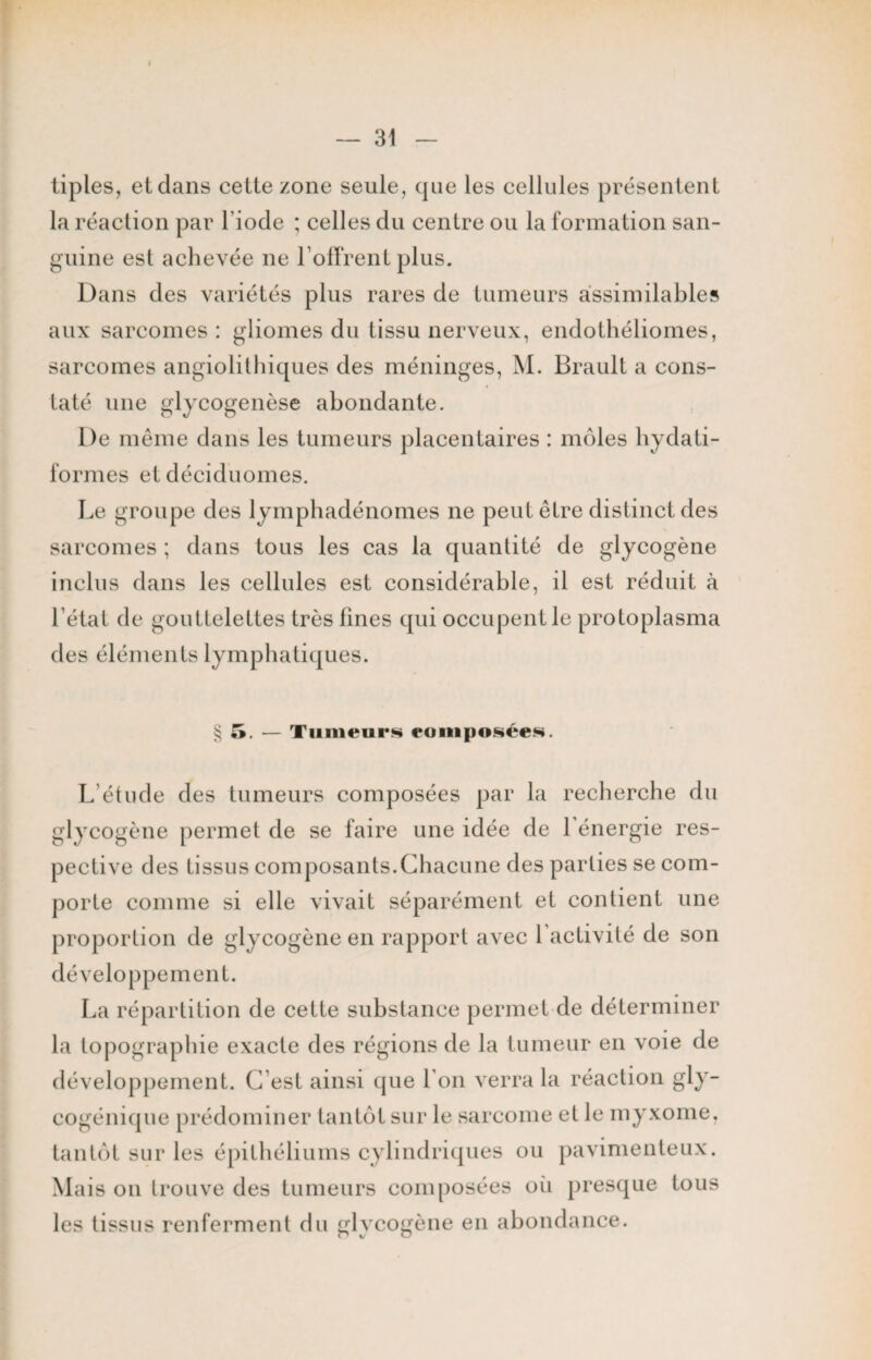 — 31 — tiples, et dans cette zone seule, que les cellules présentent la réaction par l'iode ; celles du centre ou la formation san¬ guine est achevée 11e l’offrent plus. Dans des variétés plus rares de tumeurs assimilables aux sarcomes : gliomes du tissu nerveux, endothéliomes, sarcomes angiolithiques des méninges, M. Brault a cons¬ taté une glycogenèse abondante. l)e même dans les tumeurs placentaires : môles hydati- formes et déciduomes. Le groupe des lymphadénomes ne peut être distinct des sarcomes ; dans tous les cas la quantité de glycogène inclus dans les cellules est considérable, il est réduit à 1 état de gouttelettes très fines qui occupent le protoplasma des éléments lymphatiques. §5. — Tumeurs composées. CT b L étude des tumeurs composées par la recherche du lvcogène permet de se faire une idée de 1 énergie res¬ pective des tissus composants.Chacune des parties se com¬ porte comme si elle vivait séparément et contient une proportion de glycogène en rapport avec l’activité de son développement. La répartition de cette substance permet de déterminer la topographie exacte des régions de la tumeur en voie de développement. C’est ainsi que l’on verra la réaction gly¬ cogénique prédominer tantôt sur le sarcome et le myxome, tantôt sur les épithéliums cylindriques ou pavimenteux. Mais 011 trouve des tumeurs composées oîi presque tous les tissus renferment du glycogène en abondance.