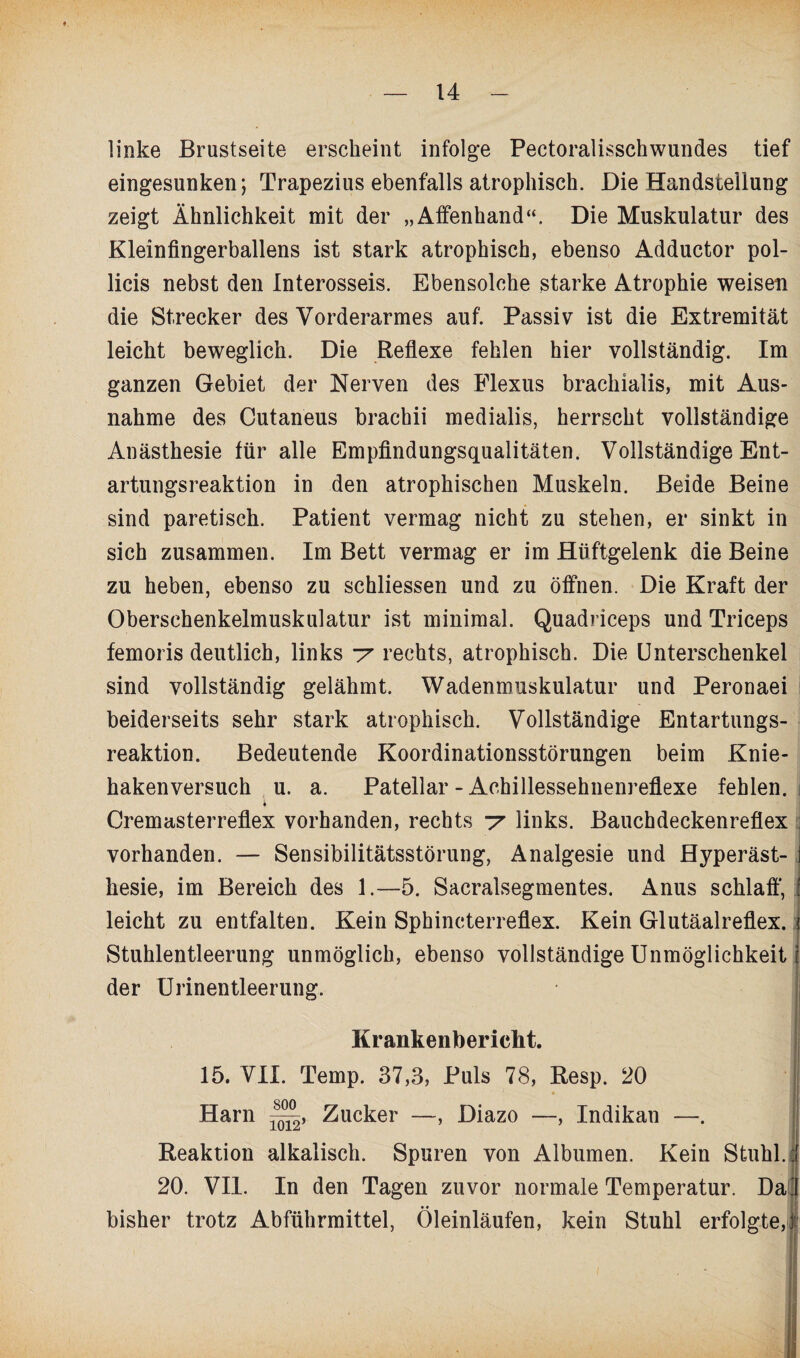 linke Brustseite erscheint infolge Pectoralisschwundes tief eingesunken; Trapezius ebenfalls atrophisch. Die Handsteilung zeigt Ähnlichkeit mit der „Affenhand“, Die Muskulatur des Kleinfingerballens ist stark atrophisch, ebenso Adductor pol- licis nebst den Interosseis. Ebensolche starke Atrophie weisen die Strecker des Vorderarmes auf. Passiv ist die Extremität leicht beweglich. Die Reflexe fehlen hier vollständig. Im ganzen Gebiet der Nerven des Flexus brachialis, mit Aus¬ nahme des Cutaneus bracbii medialis, herrscht vollständige Anästhesie für alle Empfindungsqualitäten. Vollständige Ent¬ artungsreaktion in den atrophischen Muskeln. Beide Beine sind paretisch. Patient vermag nicht zu stehen, er sinkt in sich zusammen. Im Bett vermag er im Hüftgelenk die Beine zu heben, ebenso zu schliessen und zu öffnen. Die Kraft der Oberschenkelmuskulatur ist minimal. Quadriceps und Triceps femoris deutlich, links -7 rechts, atrophisch. Die Unterschenkel sind vollständig gelähmt. Wadenmuskulatur und Peronaei beiderseits sehr stark atrophisch. Vollständige Entartungs- reaktion. Bedeutende Koordinationsstörungen beim Knie¬ hakenversuch u. a. Patellar - Achillessehnenreflexe fehlen.; Cremasterreflex vorhanden, rechts -7 links. Bauchdeckenreflex vorhanden. — Sensibilitätsstörung, Analgesie und Hyperäst- ] hesie, im Bereich des 1.—5. Sacralsegmentes. Anus schlaff, : leicht zu entfalten. Kein Sphincterreflex. Kein Glutäalreflex. \ Stuhlentleerung unmöglich, ebenso vollständige Unmöglichkeit j der Urinentleerung. Krankenbericht. 15. VII. Temp. 37,3, Puls 78, Resp. 20 • ; 8E Harn Zucker —, Diazo —, Indikan —. Reaktion alkalisch. Spuren von Albumen. Kein Stuhl.:' 20. VII. In den Tagen zuvor normale Temperatur. Dal bisher trotz Abführmittel, Öleinläufen, kein Stuhl erfolgte,!