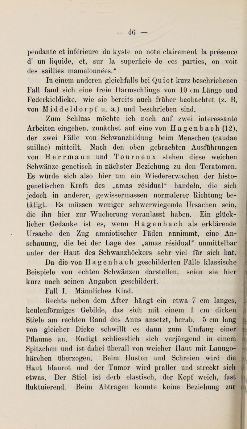 pendante et inferieure du kyste on note clairement 3a presence d' un liquide, et, sur 3a superficie de ces parties, on voit des saillies mamelonnees.“ In einem anderen gleichfalls bei Quiot kurz beschriebenen Fall fand sich eine freie Darmschlinge von 10 cm Länge und Federkieldicke, wie sie bereits auch früher beobachtet (z. B. von M i d d e 1 d o r p f u. a.) und beschrieben sind. Zum Schluss möchte ich noch auf zwei interessante Arbeiten eingehen, zunächst auf eine von Hagenbach (12), der zwei Fälle von Schwanzbildung beim Menschen (caudae suillae) mitteilt. Nach den oben gebrachten Ausführungen von Herrmann und Tourneux stehen diese weichen Schwänze genetisch in nächster Beziehung zu den Teratomen. Es würde sich also hier um ein Wiedererwachen der histo- genetischen Kraft des „amas residual“ handeln, die sich jedoch in anderer, gewissermassen normalerer Richtung be¬ tätigt. Es müssen weniger schwerwiegende Ursachen sein, die ihn hier zur Wucherung veranlasst haben. Ein glück¬ licher Gedanke ist es, wenn Hagenbach als erklärende Ursache den Zug amniotischer Fäden annimmt, eine An¬ schauung, die bei der Lage des „amas residual“ unmittelbar unter der Haut des Schwanzhöckers sehr viel für sich hat. Da die von Hagenbach geschilderten Fälle klassische Beispiele von echten Schwänzen darstellen, seien sie hier kurz nach seinen Angaben geschildert. Fall I. Männliches Kind. Rechts neben dem After hängt ein etwa 7 cm langes, keulenförmiges Gebilde, das sich mit einem 1 cm dicken Stiele am rechten Rand des Anus ansetzt, herab. 5 cm lang von gleicher Dicke schwillt es dann zum Umfang einer Pflaume an. Endigt schliesslich sich verjüngend in einem Spitzchen und ist dabei überall von weicher Haut mit Lanugo- härchen überzogen. Beim Husten und Schreien wird die Haut blaurot und der Tumor wird praller und streckt sich etwas. Der Stiel ist derb elastisch, der Kopf weich, fast fluktuierend. Beim Abtragen konnte keine Beziehung zur