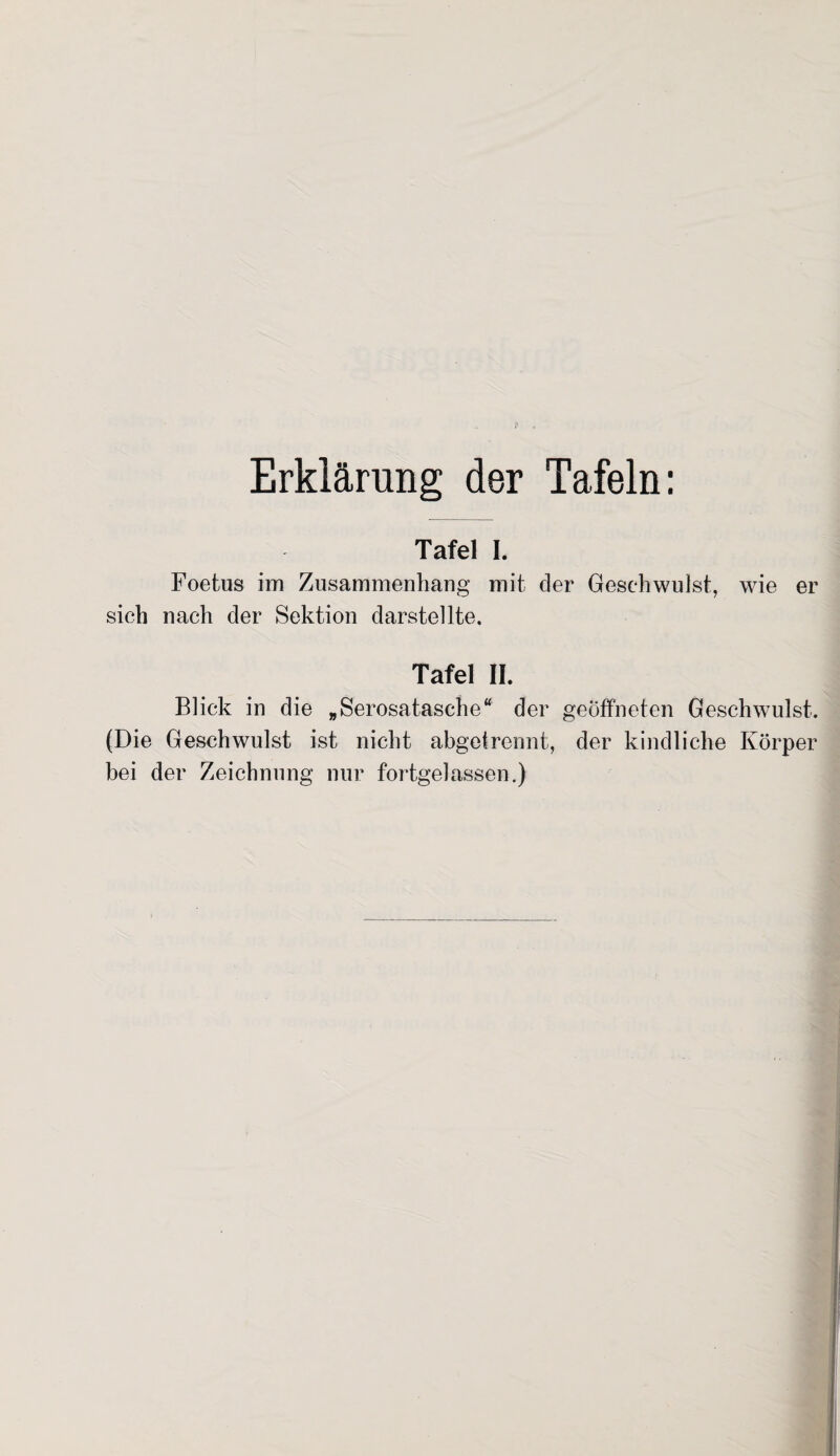 Erklärung der Tafeln: Tafel I. Foetus im Zusammenhang mit der Geschwulst, wie er sich nach der Sektion darstellte. Tafel II. Blick in die „Serosatasche“ der geöffneten Geschwulst. (Die Geschwulst ist nicht abgetrennt, der kindliche Körper bei der Zeichnung nur fortgelassen.)