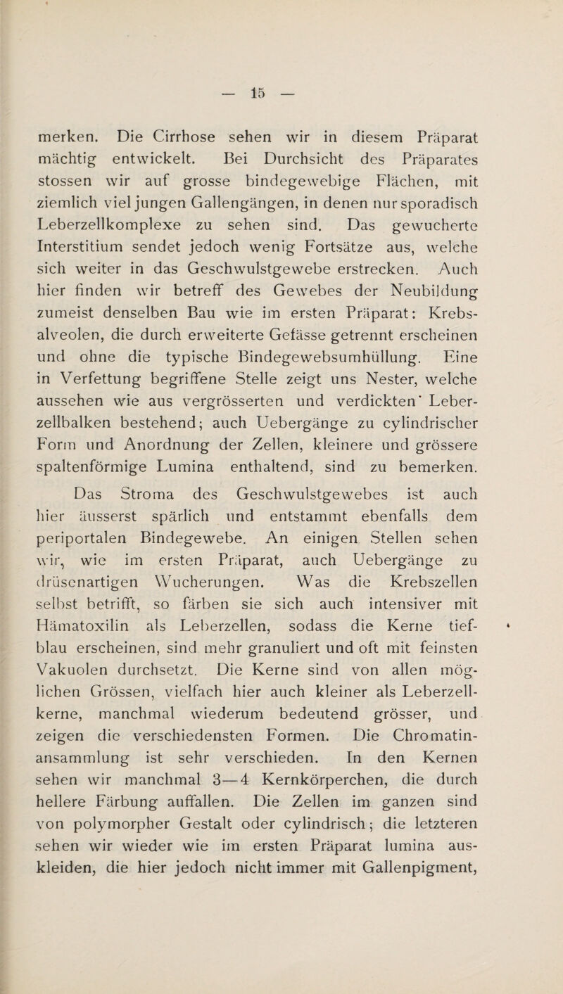 merken. Die Cirrhose sehen wir in diesem Präparat mächtig entwickelt. Bei Durchsicht des Präparates stossen wir auf grosse bindegewebige Flächen, mit ziemlich viel jungen Gallengängen, in denen nur sporadisch Leberzellkomplexe zu sehen sind. Das gewucherte Interstitium sendet jedoch wenig Fortsätze aus, welche sich weiter in das Geschwulstgewebe erstrecken. Auch hier finden wir betreff des Gewebes der Neubildung zumeist denselben Bau wie im ersten Präparat: Krebs¬ alveolen, die durch erweiterte Gefässe getrennt erscheinen und ohne die typische Bindegewebsumhüllung. Eine in Verfettung begriffene Stelle zeigt uns Nester, welche aussehen wie aus vergrösserten und verdickten' Leber¬ zellbalken bestehend; auch Uebergänge zu cylindrischer Form und Anordnung der Zellen, kleinere und grössere spaltenförmige Lumina enthaltend, sind zu bemerken. Das Stroma des Geschwulstgewebes ist auch liier äusserst spärlich und entstammt ebenfalls dem periportalen Bindegewebe. An einigen Stellen sehen wir, wie im ersten Präparat, auch Uebergänge zu drüsenartigen Wucherungen. Was die Krebszellen selbst betrifft, so färben sie sich auch intensiver mit Hämatoxilin als Leberzellen, sodass die Kerne tief¬ blau erscheinen, sind mehr granuliert und oft mit feinsten Vakuolen durchsetzt. Die Kerne sind von allen mög¬ lichen Grössen, vielfach hier auch kleiner als Leberzell¬ kerne, manchmal wiederum bedeutend grösser, und zeigen die verschiedensten Formen. Die Chromatin¬ ansammlung ist sehr verschieden. In den Kernen sehen wir manchmal 3—4 Kernkörperchen, die durch hellere Färbung auffallen. Die Zellen im ganzen sind von polymorpher Gestalt oder cylindrisch; die letzteren sehen wir wieder wie im ersten Präparat lumina aus¬ kleiden, die hier jedoch nicht immer mit Gallenpigment,