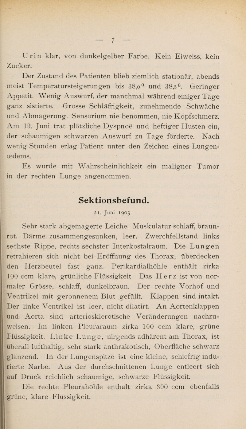 Urin klar, von dunkelgelber Farbe. Kein Eiweiss, kein Zucker. Der Zustand des Patienten blieb ziemlich stationär, abends meist Temperatursteigerungen bis 38,o° und 38,5°. Geringer Appetit. Wenig Auswurf, der manchmal während einiger Tage ganz sistierte. Grosse Schläfrigkeit, zunehmende Schwäche und Abmagerung. Sensorium nie benommen, nie Kopfschmerz. Am 19. Juni trat plötzliche Dyspnoe und heftiger Husten ein, der schaumigen schwarzen Auswurf zu Tage förderte. Nach wenig Stunden erlag Patient unter den Zeichen eines Lungen- cedems. Es wurde mit Wahrscheinlichkeit ein maligner Tumor in der rechten Lunge angenommen. Sektionsbefund. 21. Juni 1903. Sehr stark abgemagerte Leiche. Muskulatur schlaff, braun¬ rot. Därme zusammengesunken, leer. Zwerchfellstand links sechste Rippe, rechts sechster Interkostalraum. Die Lungen retrahieren sich nicht bei Eröffnung des Thorax, überdecken den Herzbeutel fast ganz. Perikardialhöhle enthält zirka 100 ccm klare, grünliche Flüssigkeit. Das Herz ist von nor¬ maler Grösse, schlaff, dunkelbraun. Der rechte Vorhof und Ventrikel mit geronnenem Blut gefüllt. Klappen sind intakt. Der linke Ventrikel ist leer, nicht dilatirt. An Aortenklappen und Aorta sind arteriosklerotische Veränderungen nachzu¬ weisen. Im linken Pleuraraum zirka 100 ccm klare, grüne Flüssigkeit. Linke Lunge, nirgends adhärent am Thorax, ist überall lufthaltig, sehr stark anthrakotisch, Oberfläche schwarz glänzend. In der Lungenspitze ist eine kleine, schiefrig indu- rierte Narbe. Aus der durchschnittenen Lunge entleert sich auf Druck reichlich schaumige, schwarze Flüssigkeit. Die rechte Pleurahöhle enthält zirka 300 ccm ebenfalls grüne, klare Flüssigkeit.