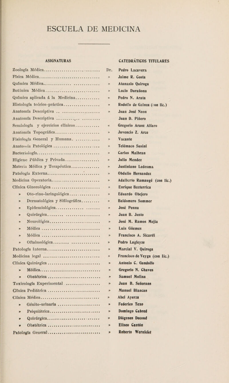 ASIGNATURAS CATEDRÁTICOS TITULARES Zoología Médica. Física Médica. Química Médica. Botánica Médica. Química aplicada á la Medicina... Histología teórico-práctica. Anatomía Descriptiva. Anatomía Descriptiva .,.. Semiología y ejercicios clínicos ... Anatomía Topográfica. Fisiología General y Humana. ... Anatomía Patológica. Bacteriología. Higiene Pública y Privada. Materia Médica y Terapéutica. Patología Externa. Medicina Operatoria. Clínica Ginecológica. » Oto-rino-laringológica. » Dermatológica y Sifilográfica » Epidemiológica. » Quirúrgica. » Neurológica. » Médica. » Médica. » Oftalmológica. Patología Interna. Medicina legal . Clínica Quirúrgica. » Médica. » Obstétrica. Toxicología Experimental .. Clínica Pediátrica. Clínica Médica. » Génito-urinaria..... » Psiquiátrica.... v Quirúrgica.. * Obstétrica.. Patología General..... Dr. Pedro Lacavera » Jaime R. Costa » Atanasio Quiroga » Ludo Durañona » Pedro N. Arata » Rodolfo de Gainza (ron lie.) » Juan José Naon Juan D. Pinero « Gregorio Araoz Alfaro » Juvencio Z. Arce » Vacante » Telémaco Susini » Carlos Malbran » Julio Mendez » Justiniano Ledesma » Obdulio Hernández » Adalberto Ramaugé (con lie.) » Enrique Bazterrica » Eduardo Obejero » Baldomero Sommer » José Penna » Juan B. Justo » José M. Ramos Mejía » Luis Güemes » Francisco A. Sicardi » Pedro Lagleyze » Marcial V. Quiroga » Francisco de Veyga (con lie.) » Antonio C. Gandolfo » Gregorio N. Chaves » Samuel Molina » Juan B. Señorans » Manuel Blancas » Abel Ayerza » Federico Texo » Domingo Cabred » Diógenes Decoud » Elíseo Cantón * Roberto Wefnlcke