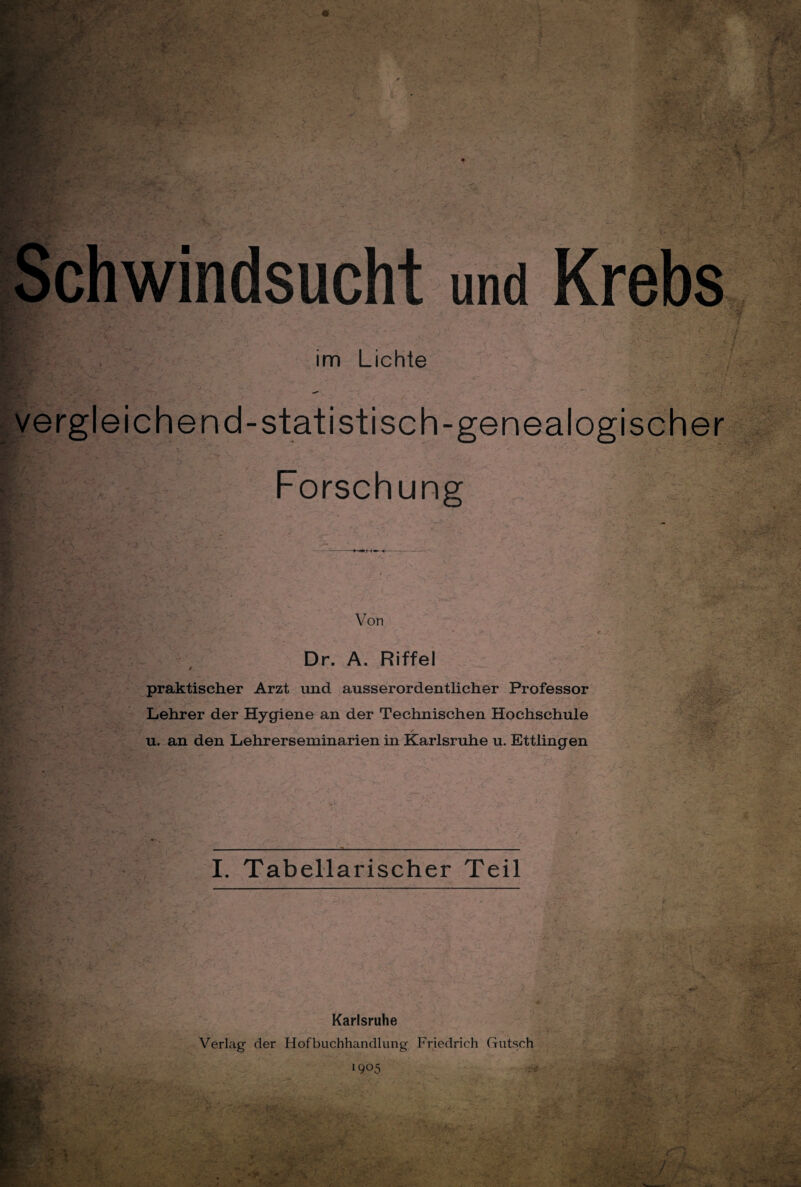 chwindsucht im Lichte vergleichend-statistisch-genealogischer Forschung Von Dr. A. Riffel / praktischer Arzt und ausserordentlicher Professor Lehrer der Hygiene an der Technischen Hochschule u. an den Lehrerseminarien in Karlsruhe u. Ettlingen ¥ _—L,_ I. Tabellarischer Teil >r Karlsruhe Verlag der Hofbuchhandlung Friedrich Gutsch 1905