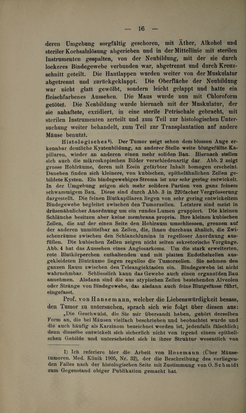 • • deren Umgebung sorgfältig geschoren, mit Äther, Alkohol und steriler Kochsalzlösung abgerieben und in der Mittellinie mit sterilen Instrumenten gespalten, von der Neubildung, mit der sie durch lockeres Bindegewebe verbunden war, abgetrennt und durch Kreuz- schnitt geteilt. Die Hautlappen wurden weiter von der Muskulatur abgetrennt und zurückgeklappt. Die Oberfläche der Neubildung war nicht glatt gewölbt, sondern leicht gelappt und hatte ein fleischfarbenes Aussehen. Die Maus wurde nun mit Chloroform getötet. Die Neubildung wTurde hiernach mit der Muskulatur, der sie anhaftete, exzidiert, in eine sterile Petrischale gebracht, mit sterilen Instrumenten zerteilt und zum Teil zur histologischen Unter¬ suchung weiter behandelt, zum Teil zur Transplantation auf andere Mäuse benutzt. Histologisches1). Der Tumor zeigt schon dem blossen Auge er¬ kennbar deutliche Kystenbildung, an anderer Stelle weite blutgefüllte Ka¬ pillaren, wieder an anderen einen mehr soliden Bau. Hiernach stellen sich auch die mikroskopischen Bilder verschiedenartig dar. Abb. 2 zeigt grosse Hohlräume, deren mit Eosin gefärbter Inhalt homogen erscheint. Daneben finden sich kleinere, von kubischen, epithelähnlichen Zellen ge¬ bildete Kysten. Ein bindegewebiges Stroma ist nur sehr gering entwickelt. In der Umgebung zeigen sich mehr solidere Partien von ganz feinem schwammigem Bau. Diese sind durch Abb. 3 in 220facher Vergrösserung dargestellt. Die feinen Blutkapillaren liegen von sehr gering entwickeltem Bindegewebe begleitet zwischen den Tumorzellen. Letztere sind meist in drüsenähnlicher Anordnung um ein rundes Lumen gruppiert. Die kleinen Schläuche besitzen aber keine membrana propria. Ihre kleinen kubischen Zellen, die auf der einen Seite den Hohlraum umschliessen, grenzen auf der anderen unmittelbar an Zellen, die, ihnen durchaus ähnlich, die Zwi¬ schenräume zwischen den Schlauchlumina in regelloser Anordnung aus¬ füllen. Die kubischen Zellen zeigen nicht selten sekretorische Vorgänge. Abb. 4 hat das Aussehen eines Angiosarkoms. Um die stark erweiterten, rote Blutkörperchen enthaltenden und mit platten Endothelzellen aus¬ gekleideten Bluträume liegen regellos die Tumorzellen. Sie nehmen den ganzen Kaum zwischen den Teleangiektasien ein. Bindegewebe ist nicht wahrnehmbar. Schliesslich kann das Gewebe auch einen organoiden Bau annehmen. Alsdann sind die aus atypischen Zellen bestehenden Alveolen oder Stränge von Bindegewebe, das alsdann auch feine Blutgefässe führt, eingefasst. Prof, von Hansemann, welcher die Liebenswürdigkeit besass, den Tumor zu untersuchen, sprach sich wie folgt über diesen aus: „Die Geschwulst, die Sie mir übersandt haben, gehört derselben Form an, die bei Mäusen vielfach beschrieben und beobachtet wurde und die auch häufig als Karzinom bezeichnet worden ist, jedenfalls fälschlich; denn dieselbe entwickelt sich sicherlich nicht von irgend einem epitheli- schen Gebilde und unterscheidet sich in ihrer Struktur wesentlich von 1) Ich referiere hier die Arbeit von Hosemann (Über Mäuse¬ tumoren. Med. Klinik 1905, Nr. 32), der die Beschreibung des vorliegen¬ den Falles nach der histologischen Seite mit Zustimmung von 0. Schmidt zum Gegenstand obiger Publikation gemacht hat.