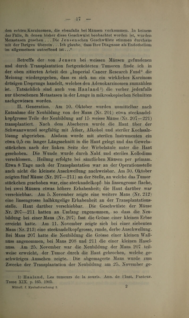 den echten Karzinomen, die ebenfalls bei Mäusen Vorkommen. In keinem der Fälle, in denen bisher diese Geschwulst beobachtet worden ist, wurden Metastasen gesehen . . .Die Jensenschen Geschwülste stimmen durchaus mit der Ihrigen überein . .. Ich glaube, dass Ihre Diagnose als Endotheliom im allgemeinen zutreffend ist.. Betreffs dev von Jensen bei weissen Mäusen gefundenen und durch Transplantation fortgezüchteten Tumoren finde ich in der oben zitierten Arbeit des „Imperial Cancer Research Fund“ die Meinung wiedergegeben, dass es sieh um ein wirkliches Karzinom drüsigen Ursprungs handelt, welches den Adenokarzinomen zuzuzählen ist. Tatsächlich sind auch von Haaland1) die vorher jedenfalls nur übersehenen Metastasen in der Lunge in mikroskopischen Schnitten nach gewiesen worden. II. Generation. Am 10. Oktober wurden unmittelbar nach Entnahme der Neubildung von der Maus (Nr. 201) etwa stecknadel¬ kopfgrosse Teile der Neubildung auf 15 weisse Mäuse (Nr. 207 — 221) transplantiert. Nach dem Abscheren wurde die Haut über der Schwanzwurzel sorgfältig mit Äther, Alkohol und steriler Kochsalz¬ lösung abgerieben. Alsdann wurde mit sterilen Instrumenten ein etwa 0,5 cm langer Längsschnitt in die Haut gelegt und das Gewebs¬ stückchen nach der linken Seite der Wirbelsäule unter die Haut geschoben. Die Wunde wurde durch Naht und steriles Kollodium verschlossen. Heilung erfolgte bei sämtlichen Mäusen per primam. Etwa 8 Tage nach der Transplantation war an der Operationsstelle auch nicht die kleinste Anschwellung nachweisbar. Am 30. Oktober zeigten fünf Mäuse (Nr. 207—211) an der Stelle, an welche das Tumor¬ stückchen geschoben war, eine Stecknadelkopf- bis linsengrosse flache, bei zwei Mäusen etwas höhere Erhabenheit; die Haut darüber war verschiebbar. Am 5. November zeigte eine weitere Maus (Nr. 212) eine linsengrosse halbkugelige Erhabenheit an der Transplantations¬ stelle. Haut darüber verschiebbar. Die Geschwülste der Mäuse Nr. 207—211 hatten an Umfang zugenommen, so dass die Neu¬ bildung bei einer Maus (Nr. 207) fast die Grösse einer kleinen Erbse erreicht hatte. Am 11. November zeigte sich bei einer siebenten Maus (Nr. 213) eine stecknadelkopfgrosse, runde, derbe Anschwellung. Bei Maus 207 hatte die Neubildung die Grösse einer kleinen Wall¬ nuss angenommen, bei Maus 208 und 211 die einer kleinen Hasel¬ nuss. Am 25. November war die Neubildung der Maus 207 teil¬ weise erweicht, der Tumor durch die Haut gebrochen, welche ge- schwüriges Aussehen zeigte. Die abgemagerte Maus wurde zum Zwecke der Transplantation der Neubildung am 25. November ge- 1) Haaland, Les tumeurs de la souris. Ann. de l'Inst. Pasteur. Tome XIX. p. 165. 1905. Mitteil. f. Krebsforschung 2. 2