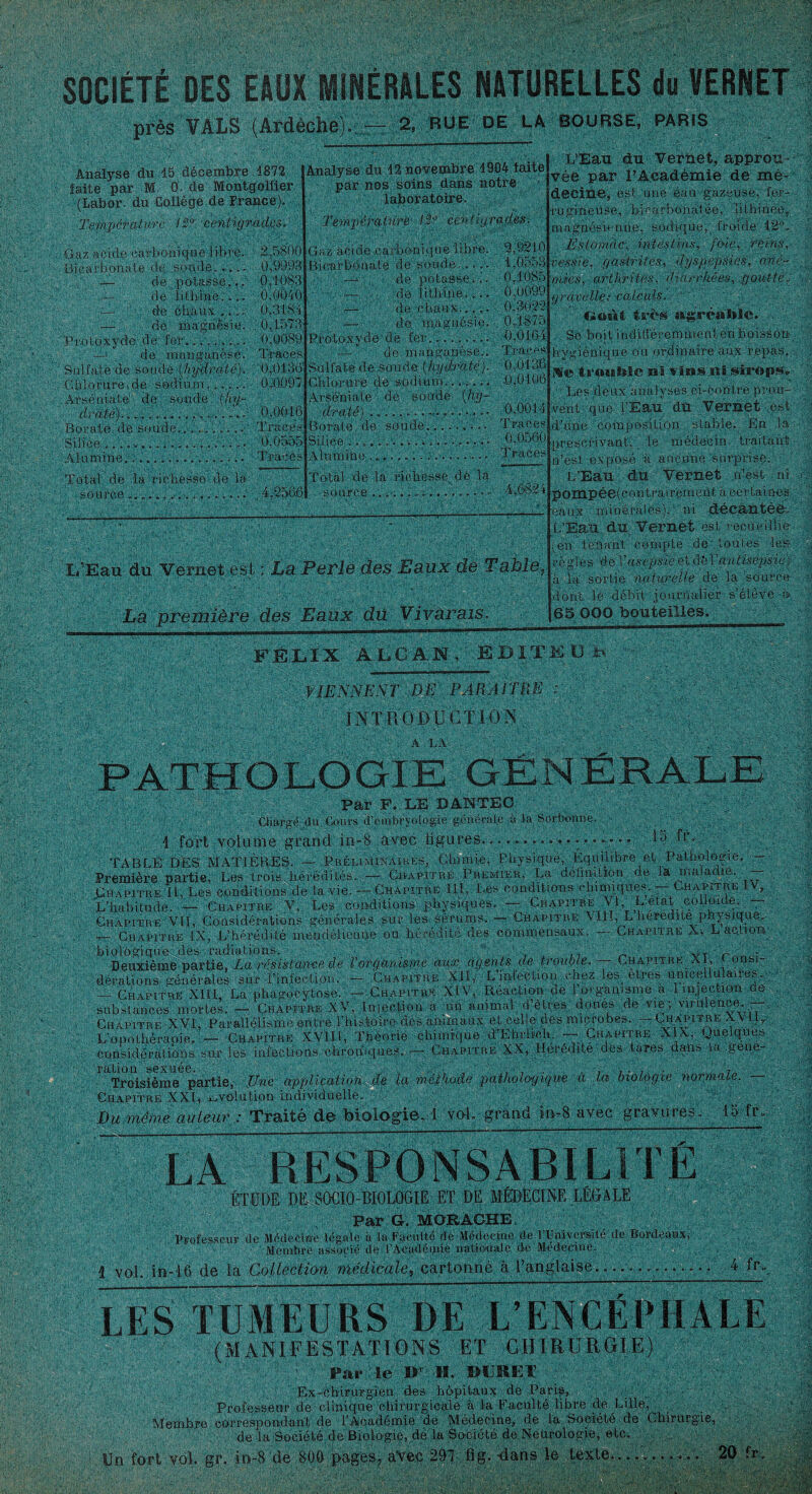 SOCIÉTÉ DES EAUX MINÉRALES NATURELLES du VERNET près VA LS (Ardèche). — 2, rue de la bourse, paris Analyse du 15 décembre 1872 faite par M O- de Montgolfier (Labor. du Collège de France). Analyse du 12 novembre 1904 faite par nos soins dans notre laboratoire. Température t2° centigrades. Gaz acide carbonique libre. Bicarbonate dq soude...... — dè potasse... -i- de litbine.'.... — de chaux..... — cie magnésie. Protoxyde de fer......... de Sulfate de soude (liya>'< {'.hiorure.de sodium. Arséniaté de: soude '(hy¬ draté)'.. .................. Borate de soude.,........ Silice Alumine... . . •• 2,5800 0,9993 0,1083 0.00' r 0.3181 0,1573 0,0089 'Traces 0,0150 0.0097 0,0016 Traces 0,0555 ' Traies Température iP centif. Gaz acide carbonique libre, Bicarbonate de soude. ... —y de potasse,! ■— de litbine... — de chaux.... — de magnésie Protoxyde de fer........ — de manganèse. Sulfate de soude (hydraté) Chlorure de sodium....... Arséniaté de soude draté) .... Borate de soude.. Silice .............. Alumine.À .A. A '3,9210 1,0553. 0,1085 0,0099 0,3032 0,1875 0,0164 Traces 0.0156 .0,0106 v- Total de la richesse de la sburce ........ . ...... 4,2566 0,0014 Traces 0,0560 Traces Total de la richesse dè la source 4.082 t L’Eau du Vërnet est : La Perle des Eaux de Table, La première des Eaux dû Vivàrais. L’Eau du Vernet, approu¬ vée par FAcadèmie de mé¬ decine, est une. éau gazeuse, fer¬ rugineuse, bicarbonatée, îilhioée, magnésienne, sodique, froide 12n. Estomac, intestins, foie, reins, vessie, gastrites, dyspepsies, ave- mies, arthrites, diarrhées, goutte.. y rave lie,' calculs. C»ohi très agréable. Se boit indidéremmenten boisson ' hygiénique ou ordinaire aux repas, le trouble ni vins ni sirops., ■ Les deux analyses,ci-contre prou¬ vent que l’Eau du Vernet est d’une composition ;;table. En la prescrivant, le médecin traitant n’est exposé à aucune surprise. L’Eau du Vernet ri’est ni p omp ée( c o n t ra i rem e n f, à.certaines eaux minérales), ni décantée, L’Eau, du Vernet est recueillie (en tenant compte de'toutes les? régies de Y asepsie et àtïV antisepsie) à la sortie naturelle de la source dont le débit journalier s’élève - h 65 OOO bouteilles. FÉLIX ALCAN, ÉDITÉ U L VIENNENT DE PARA l T RE ; INTRODUCTION A LA Par F. LE DANTEC Chargé du Cours d’embrvologie générale a la Sorbonne. ■■ ÇL 1 fort volume grand in-8 avec ligures.. 15 fr. TABLE DES MATIÈRES. — Préliminaires, Chimie, Physique, Equilibre et Pathologie. . Première partie, Les trois,hérédités. — Chapitre Premier, La définition de la maladie. — Chapitre IL, Les conditions de la vie. — Chapitre 111, Les conditions chimiques. — Chapitre , L’habitude. — Chapitre V, Les conditions physiques. — Chapitre: VI, L état colloïde. — Chapitre VII, Considérations générales sur les sérums..—. Chapitre \TII, L heredue physique. Chapitre IX, L’hérédité mendélienne ou hérédité des commensaux. — Chapitre a>, L acnon biologique des radiations. ■ . ■ VT • . Deuxième partie. La résistance de V organisme aux agents de trouble. — Chapitre X , on si¬ dérations- générales 'sur -ï’infèetiou. — Chapitre XII, L infection chez les el res uni cellulaires, — Chapitre Xlll, La phagocytose. — Chapitre XIV, Réaction de l’organisme a 1 injection de substances mortes. - Chapitre XV, Injection a an animal d’êtres doues de vie; virulence -, Chapitre XVI, Parallélisme entre l’histoire dés animaux et celle des microbes. —Chapitre XVLR L’opothèraoi.e, — Chapitre XVIIl, Théorie chimique dT.hriich. — Chapitre XIX, Quelques considérations sur les infections chroniques. — Chapitre XX, Hérédité des tares dans la gene- ' Troisième partie, Une application de la méthode pathologique à la biologie normale. Chapitre XXI, évolution individuelle. mÈ •X ' vi :-U: Du même auteur : Traité de biologie, 1 vol. grand in-8 avec gravures. 15 fr. LA RESPONSABILITÉ ÉTUDE DE SOCIO-BIOLOGIE ET DE MÉDECINE LÉGALE Par G. MORACHE -CT Professeur de Médecine légale à la Faculté de Médecine de l’Université de Bordeaux, Membre associé de P Académie nationale de Médecine. î vol. in-16 de la Collection médicale, cartonné à l’anglaise... 4 fr., Ai .-a LES TUMEURS DE L’ENCÉPHALE (MANIFESTATIONS ET CHIRURGIE) Par le IP II. SU RET Un Ex-chirurgien des hôpitaux de Paris, . . Professeur de clinique chirurgicale à la Faculté libre de Lille, Membre correspondant de l’Académie de Médecine, de la Société de Chirurgie, de la Société de Biologie, de la Société de Neurologie, etc. fort vol. gr. in-8 de 800 pages, aVec 297 fig. ulans le texte........... 20 fr.