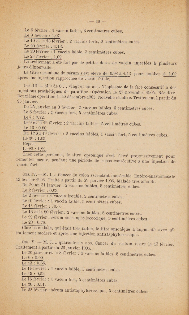 Le 6 février : 1 vaccin faible, 3 centimètres cubes. Le 9 février : 1,07. Le 10 et le 13 février : 2 vaccins forts, 2 centimètres cubes. Le 20 février : 1,13. Le 20 février : 1 vaccin faible, 3 centimètres cubes. Le 23 février , 1,02. Le traitement a été fait par de petites doses de vaccin, injectées à plusieurs jours d’intervalle. Le titre opsonique du sérum s'est élevé de 0.98 à 1,13 pour tomber à 1,02 après une injection rapprochée de vaccin faible-” Obs. III j?llle de C..., vingt et un ans. Néoplasme de la face consécutif à des injections prothétiques de paraffine. Opération le 27 novembre 1905. Récidive. Deuxième opération le 29 décembre 1905. Nouvelle récidive. Traitement à partir du 25 janvier. Du 2o janvier au 3 février : 5 vaccins faibles, 5 centimètres cubes. Le 5 février : 1 vaccin fort, 5 centimètres cubes. Le 7 : 0,72. Le 9 et le 12 février : 2 vaccins faibles, 5 centimètres cubes. Le 13 : 0 80. Du 12 au 19 février : 2 vaccins faibles, 1 vaccin fort, 5 centimètres cubes Le 20 : 1,05. Repos. Le 23 : 1,22. Chez cette personne, le titre opsonique s’est élevé progressivement pour remonter encore, pendant une période de repos consécutive aune injection de vaccin fort. Obs. IV. M. L... Cancer du colon ascendant inopérable. Entéro-anastomosele 13 lévrier 1906. Traité à partir du 29 janvier 1906. Malade très affaibli. Du 29 au 31 janvier : 2 vaccins faibles, 5 centimètres cubes. Le 2 février : 0.63. Le 2 février : 1 vaccin trouble, 5 centimètres cubes. Le 10 février : 1 vaccin faible, 5 centimètres cubes. Le 1^ février : 70,6. Le 16 et le 20 février : 2 vaccins faibles, 5 centimètres cubes. Le 22 février : sérum antistaphylococcique, 5 centimètres cubes Le 23 : 0,78. Chez ce malade, qui était très faible, le titre opsonique a augmenté avec u11 traitement modéré et après une injection antistaphylococcique. Obs. \. M. J..., quarante-siy ans. Cancer du rectum opéré le 13 février Traitement à partir du 26 janvier 1906. Le 26 janvier et le 8 lévrier : 2 vaccins faibles, 5 centimètres cubes Le 9 : 0,99. Le 13 : 0,66. Le 14 lévner : 1 a accin laible, o centimètres cubes Le 15 : 0,52. Le 16 lévrier : 1 vaccin fort, 5 centimètres cubes. Le 20 : 0,51. Le 22 lév rier sérum antistaphylococcique, 5 centimètres cubes.