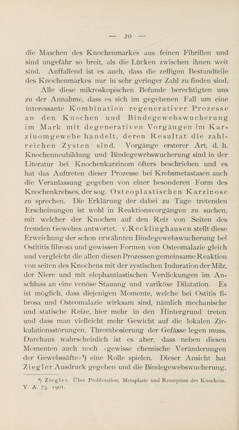 die Maschen des Knochenmarkes aus feinen Fibrillen und sind ungefähr so breit, als die Lücken zwischen ihnen weit sind. Auffallend ist es auch, dass die zelligen Bestandteile des Knochenmarkes nur in sehr geringer Zahl zu-finden sind. Alle diese mikroskopischen Befunde berechtigten uns zu der Annahme, dass es sich im gegebenen Fall um eine interessante Kombination regenerativer Prozesse an den Knochen und Bindegewebswucherung im Mark mit de generativen Vorgängen im Kar¬ zinomgewebe handelt, deren Resultat die zahl¬ reichen Z3^sten sind. Vorgänge ersterer Art, d. h. Knochenneubildung und Bindegewebswucherung sind in der Literatur bei Knochenkarzinom öfters beschrieben und es hat das Auftreten dieser Prozesse bei Krebsmetastasen auch die Veranlassung gegeben von einer besonderen Form des Knochenkrebses, der sog. Osteoplastischen Karzinose zu sprechen. Die Erklärung der dabei zu Tage tretenden Erscheinungen ist wohl in Reaktionsvorgängen zu suchen, mit welcher der Knochen auf den Reiz von Seiten des fremden Gewebes antwortet, v. Recklinghausen stellt diese Erweichung der schon erwähnten Bindegewebswucherung bei Ostititis fibrosa und gewissen Formen von Osteomalazie gleich und vergleicht die allen diesen Prozessen gemeinsame Reaktion von seiten des Knochens mit der zystischen Induration der Milz, der Niere und mit elephantiastischen Verdickungen im An¬ schluss an eine venöse Stauung und variköse Dilatation. Es ist möglich, dass diejenigen Momente, welche bei Ostitis fi¬ brosa und Osteomalazie wirksam sind, nämlich mechanische * und statische Reize, hier mehr in den Hintergrund treten und dass man vielleicht mehr Gewicht auf die lokalen Zir¬ kulationsstörungen, Thrombosierung der Gefässe legen muss. Durchaus wahrscheinlich ist es aber, dass neben diesen Momenten auch noch «gewisse chemische Veränderungen der Gewebssäfte»^) eine Rolle spielen. Dieser Ansicht hat Zi egler Ausdruck gegeben und die Bindegewebswucherung, Ziegler. Über Proliferation, Metaplasie und Resorption des Knochens. V. A. 73. 1901.