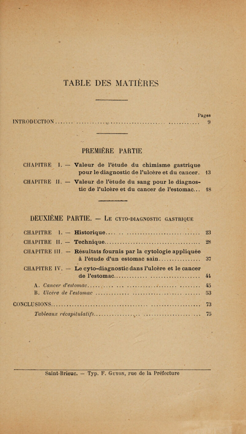 TABLE DES MATIÈRES INTRODUCTION Pages . 9 PREMIÈRE PARTIE CHAPITRE I. — Valeur de l’étude du chimisme gastrique pour le diagnostic de l’ulcère et du cancer. 13 CHAPITRE II. — Valeur de l’étude du sang pour le diagnos¬ tic de l’ulcère et du cancer de l’estomac... 18 DEUXIÈME PARTIE. — Le cyto-diagnostic gastrique CHAPITRE 1. — Historique. 23 CHAPITRE II. — Technique. 28 CHAPITRE III. — Résultats fournis par la cytologie appliquée à l’étude d’un estomac sain. 37 CHAPITRE IV. — Le cyto-diagnostic dans l’ulcère et le cancer de l’estomac. 44 A. Cancer cVestomac. 43 B. Ulcère de Vestomac . 53 CONCLUSIONS. 73 Tableaux récapitulatifs.%. 75 'N Saint-Brieuc. — Typ. F. Guyon, rue de la Préfecture