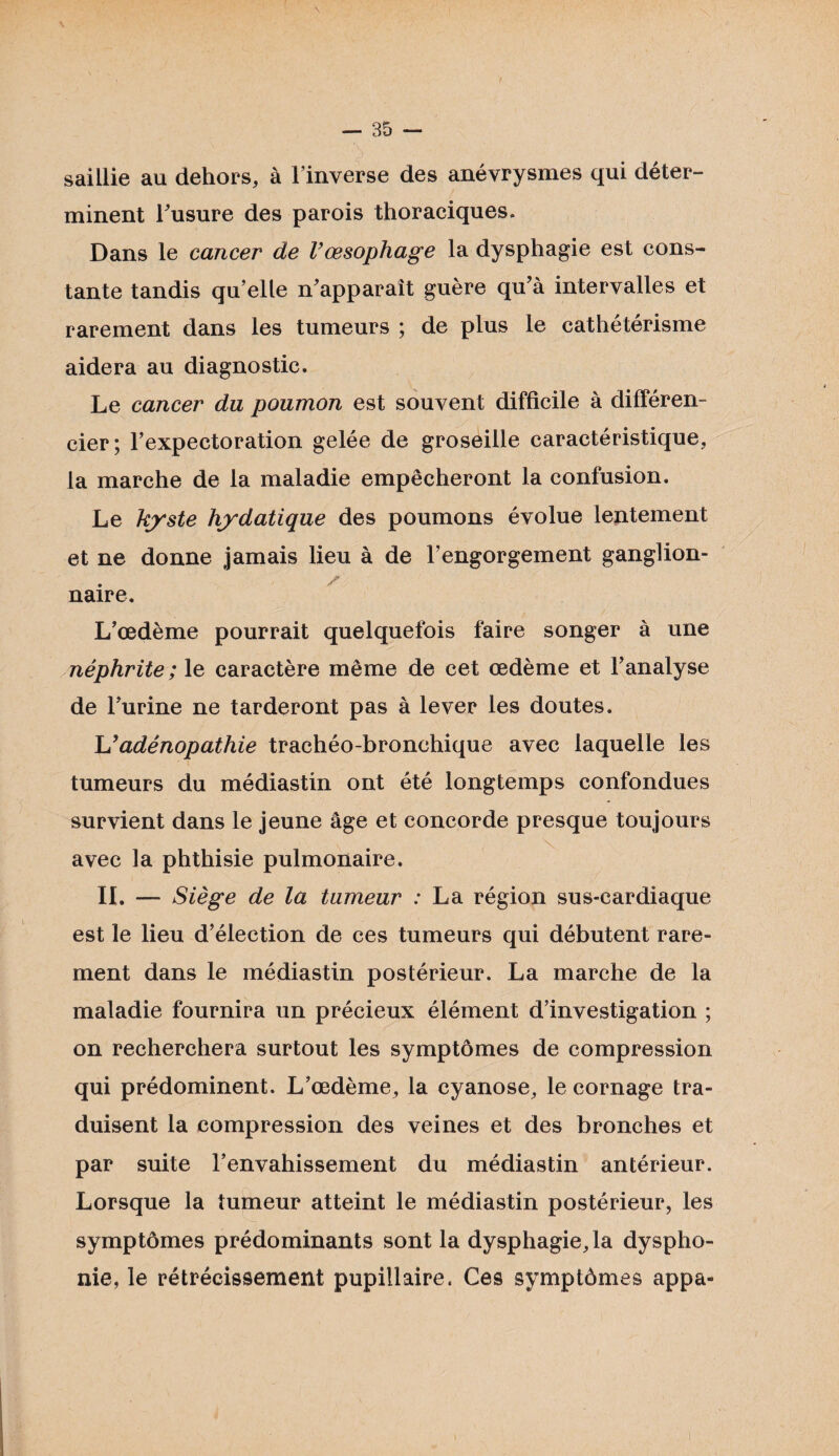 saillie au dehors, à l’inverse des anévrysmes qui déter¬ minent l’usure des parois thoraciques. Dans le cancer de Vœsophage la dysphagie est cons¬ tante tandis qu’elle n’apparaît guère qu’à intervalles et rarement dans les tumeurs ; de plus le cathétérisme aidera au diagnostic. Le cancer du poumon est souvent difficile à différen¬ cier; l’expectoration gelée de groseille caractéristique, la marche de la maladie empêcheront la confusion. Le kyste hydatique des poumons évolue lentement et ne donne jamais lieu à de l’engorgement ganglion- s naire. L’œdème pourrait quelquefois faire songer à une néphrite ; le caractère même de cet œdème et l’analyse de l’urine ne tarderont pas à lever les doutes. L'adénopathie trachéo-bronchique avec laquelle les tumeurs du médiastin ont été longtemps confondues survient dans le jeune âge et concorde presque toujours avec la phthisie pulmonaire. IL — Siège de la tumeur : La région sus-cardiaque est le lieu d’élection de ces tumeurs qui débutent rare¬ ment dans le médiastin postérieur. La marche de la maladie fournira un précieux élément d’investigation ; on recherchera surtout les symptômes de compression qui prédominent. L’œdème, la cyanose, le cornage tra¬ duisent la compression des veines et des bronches et par suite l’envahissement du médiastin antérieur. Lorsque la tumeur atteint le médiastin postérieur, les symptômes prédominants sont la dysphagie, la dyspho¬ nie, le rétrécissement pupillaire. Ces symptômes appa-