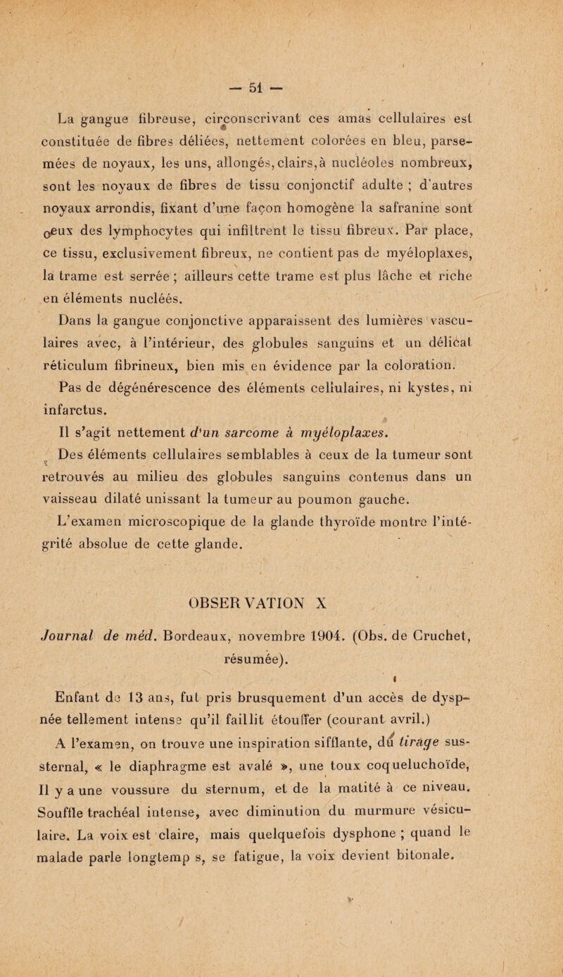 ) - 51 - . > . . . é i « La gangue fibreuse, circonscrivant ces amas cellulaires est constituée de fibres déliées, nettement colorées en bleu, parse¬ mées de noyaux, les uns, allongés, clairs,à nucléoles nombreux, sont les noyaux de fibres de tissu conjonctif adulte ; d’autres noyaux arrondis, fixant d’une façon homogène la safranine sont qêux des lymphocytes qui infiltrent le tissu fibreux. Par place, ce tissu, exclusivement fibreux, ne contient pas de myéloplaxes, la trame est serrée ; ailleurs cette trame est plus lâche et riche en éléments nucléés. Dans la gangue conjonctive apparaissent des lumières vascu¬ laires avec, à l’intérieur, des globules sanguins et un délièat réticulum fibrineux, bien mis en évidence par la coloration. Pas de dégénérescence des éléments cellulaires, ni kystes, ni infarctus. Il s’agit nettement d'un sarcome a myéloplaxes. Des éléments cellulaires semblables à ceux de la tumeur sont X. retrouvés au milieu des globules sanguins contenus dans un vaisseau dilaté unissant la tumeur au poumon gauche. L’examen microscopique de la glande thyroïde montre l’inté¬ grité absolue de cette glande. OBSERVATION X Journal de méd. Bordeaux, novembre 1904. (Obs. de Gruchet, résumée). i Enfant de 13 ans, fut pris brusquement d’un accès de dysp¬ née tellement intense qu’il faillit étouffer (courant avril.) A l’examen, on trouve une inspiration sifflante, du tirage sus- sternal, « le diaphragme est avalé », une toux coqueluchoïde, Il y a une voussure du sternum, et de la matité à ce niveau. Souffle trachéal intense, avec diminution du murmure vésicu¬ laire. La voix est claire, mais quelquefois dysphone ; quand le malade parle longtemp s, se fatigue, la voix devient bitonale.